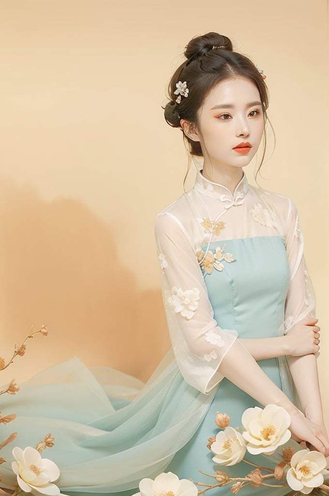  breathtaking, 1girl,solo,flower,hair bun,hanfu, award-winning,professional,highly detailed, China dress