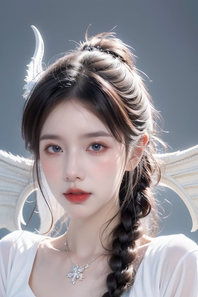  ((best quality)), ((masterpiece)), ((ultra-detailed)), extremely detailed CG, (illustration), ((detailed light)), (an extremely delicate and beautiful), a girl, solo, ((upper body,)), ((cute face)), expressionless, (beautiful detailed eyes), blue dragon eyes, (Vertical pupil:1.2), white hair, shiny hair, colored inner hair, (Dragonwings:1.4), [Armor_dress], blue wings, blue_hair ornament, ice adorns hair, [dragon horn], depth of field, [ice crystal], (snowflake), [loli], [[[[[Jokul]]]]], white shirt, liuguang