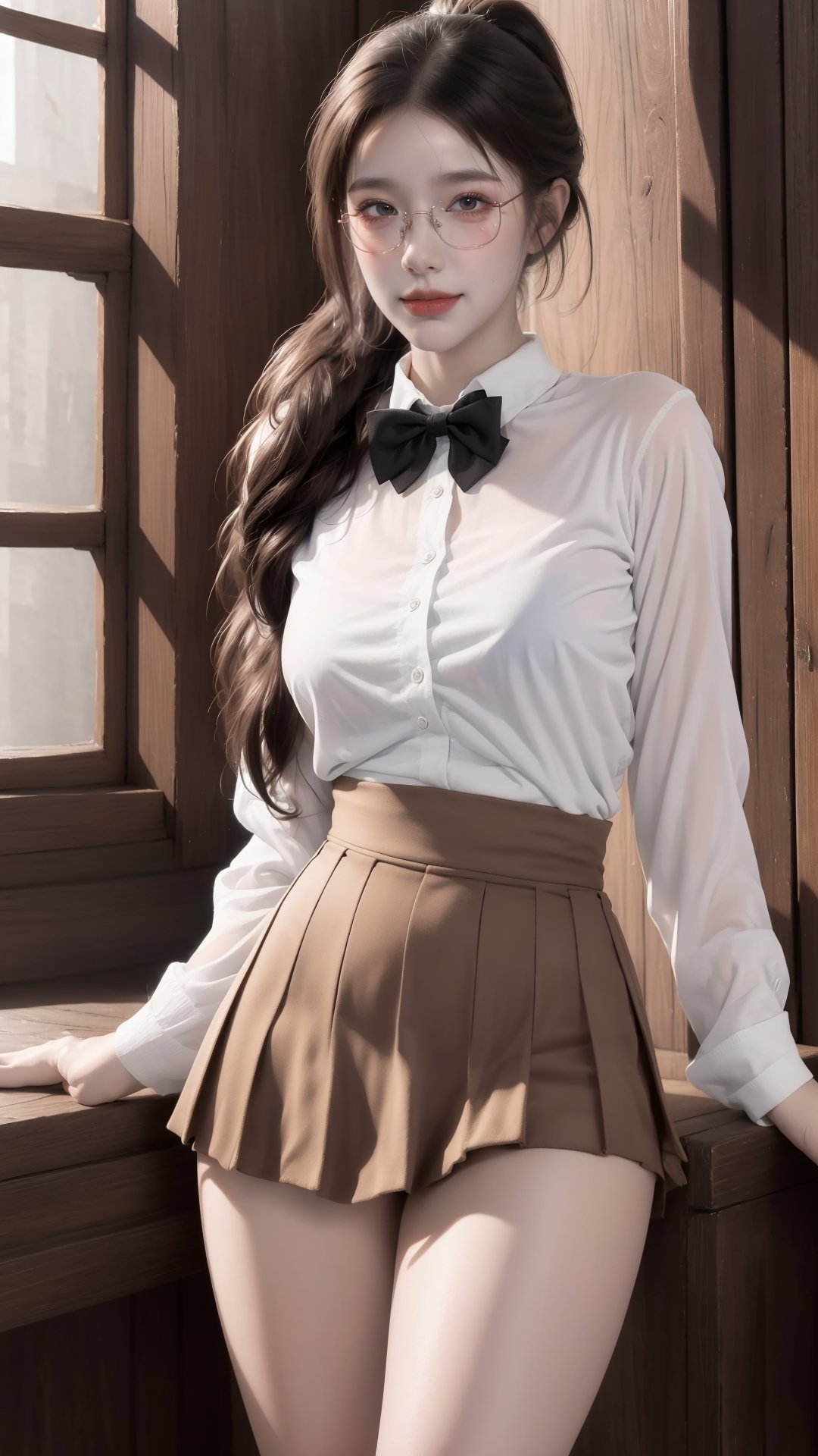  A girl, half-length, exposed thighs, high ponytail hairstyle, long hair, wearing a white shirt, bow tie, black high-waisted pleated skirt, exposed thighs, exquisite facial features, big eyes, exquisite eye makeup,, tears, smiles, and looks at the audience.
( Best Quality: 1.2 ), ( Ultra HD: 1.2 ), ( Ultra-High Resolution: 1.2 ), ( CG Rendering: 1.2 ), Wallpaper, Masterpiece, ( 36K HD: 1.2 ), ( Extra Detail: 1.1 ), Ultra Realistic, ( Detail Realistic Skin Texture: 1.2 ), ( White Skin: 1.2 ), Focus, Realistic Art, white shirt, liuguang, white shirt_eyeglasses