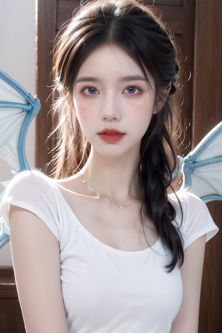  ((best quality)), ((masterpiece)), ((ultra-detailed)), extremely detailed CG, (illustration), ((detailed light)), (an extremely delicate and beautiful), a girl, solo, ((upper body,)), ((cute face)), expressionless, (beautiful detailed eyes), blue dragon eyes, (Vertical pupil:1.2), white hair, shiny hair, colored inner hair, (Dragonwings:1.4), [Armor_dress], blue wings, blue_hair ornament, ice adorns hair, [dragon horn], depth of field, [ice crystal], (snowflake), [loli], [[[[[Jokul]]]]], white shirt, liuguang