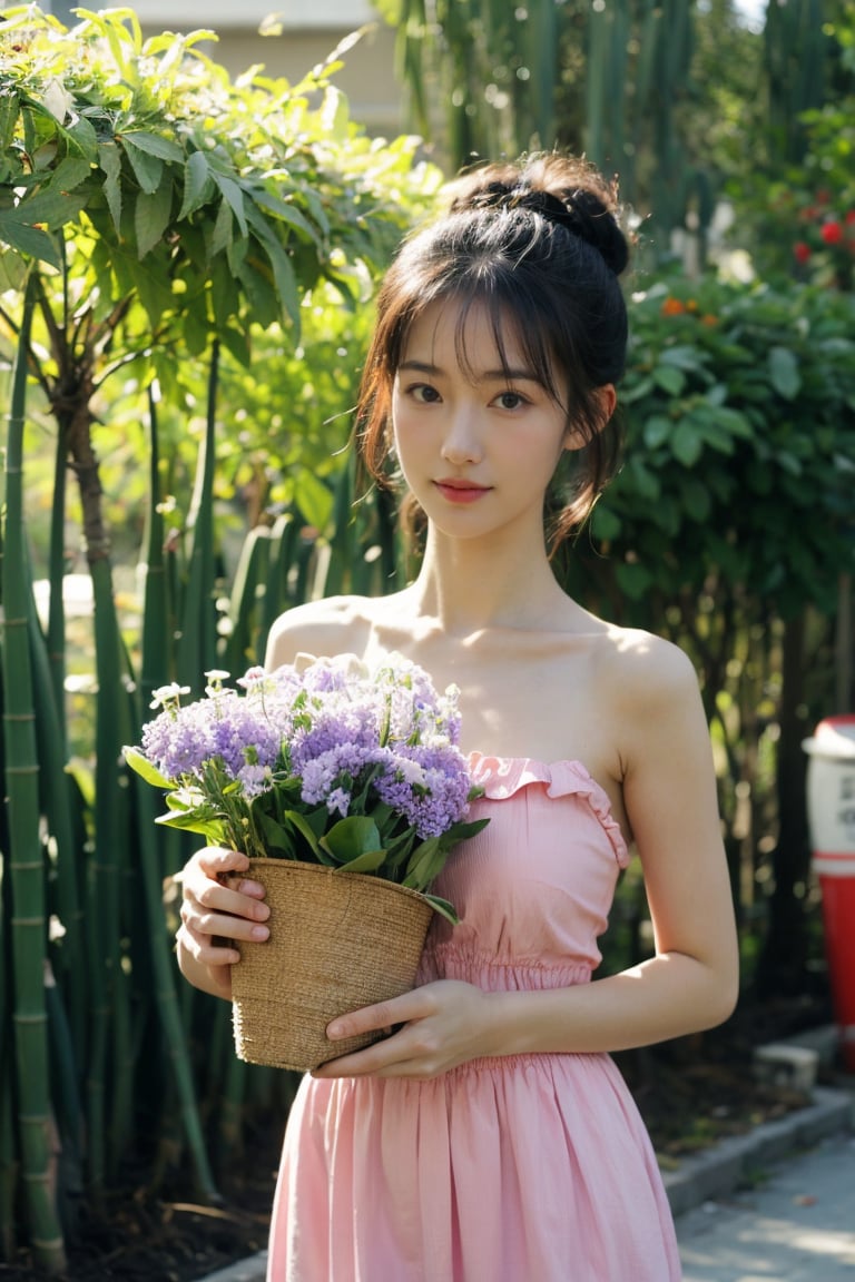  (masterpiece, best quality), 1girl, bamboo, bangs, bare shoulders, berry, blueberry, blurry, blurry foreground, branch, breasts, cactus, cucumber, eggplant, eyebrows visible through hair, flower, flower pot, food, four-leaf clover, frills, fruit, garden, grapes, hair bun, hydrangea, ivy, leaf, lily \(flower\), lily of the valley, long hair, looking at viewer, morning glory, palm leaf, palm tree, pink dress, plant, potted plant, purple flower, purple rose, red eyes, solo, tanabata, tanzaku, tomato, tulip, vegetable, vines, watering can, wisteria