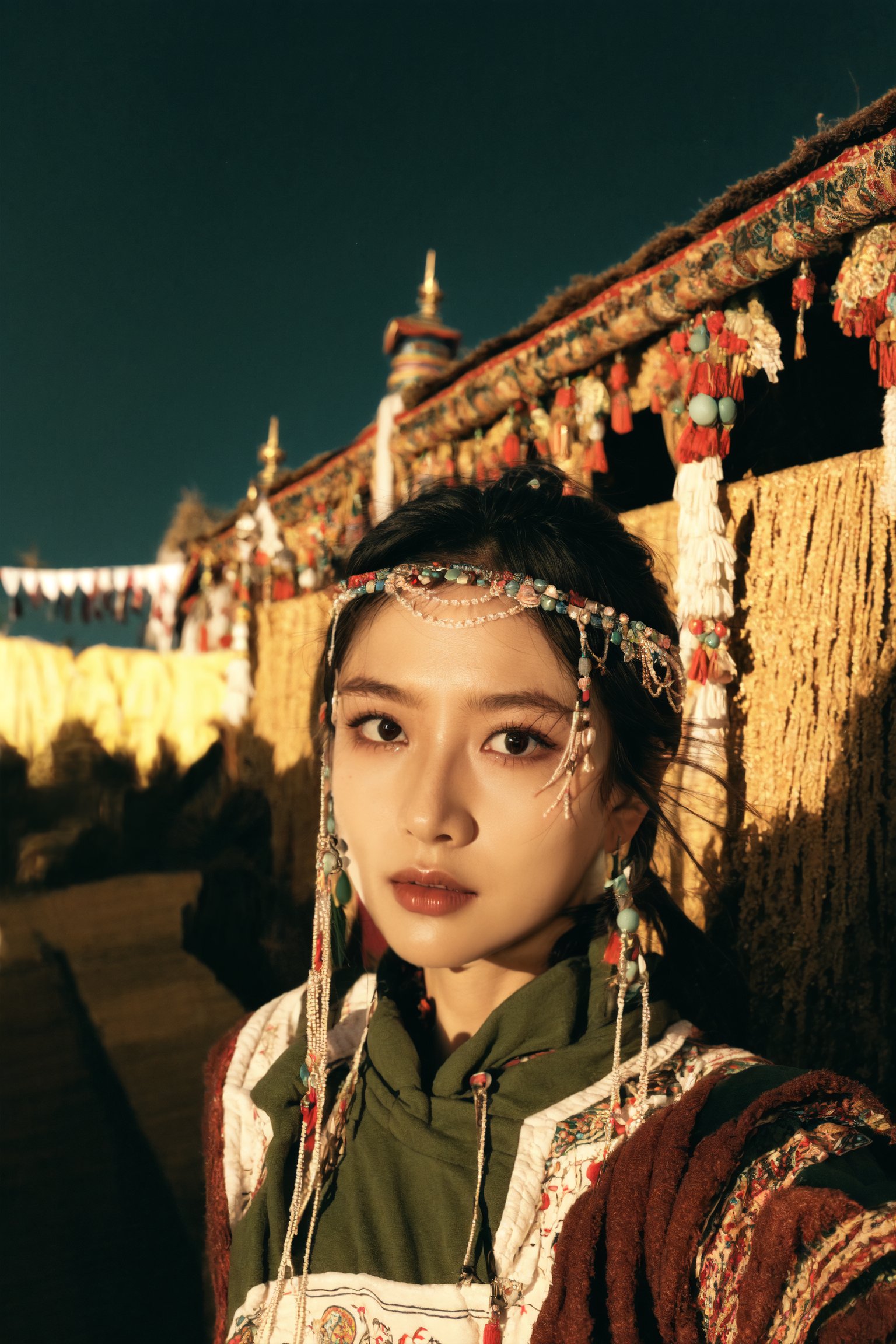  1girl, fisheye, selfie, messy hair, Nikon D850, 85mm lens, f/1.8,1girl,(aesthetics and atmosphere:1.2),mongolian_style, Mongolian face,(filmgrain),(serious face),light green clothes,hair ornament, looking at the viewer, earrings, realistic, delicate, beautiful delicate face, delicate beautiful eyes and face, light tracing, cinematic light, contrasting light sources, midway portrait, glowing, (best quality, masterpiece) , ultra-fine, OC renderings, high detail, ultra-high quality, 16k, light master,mongolian_style,hair ornament,light green clothes,moyou