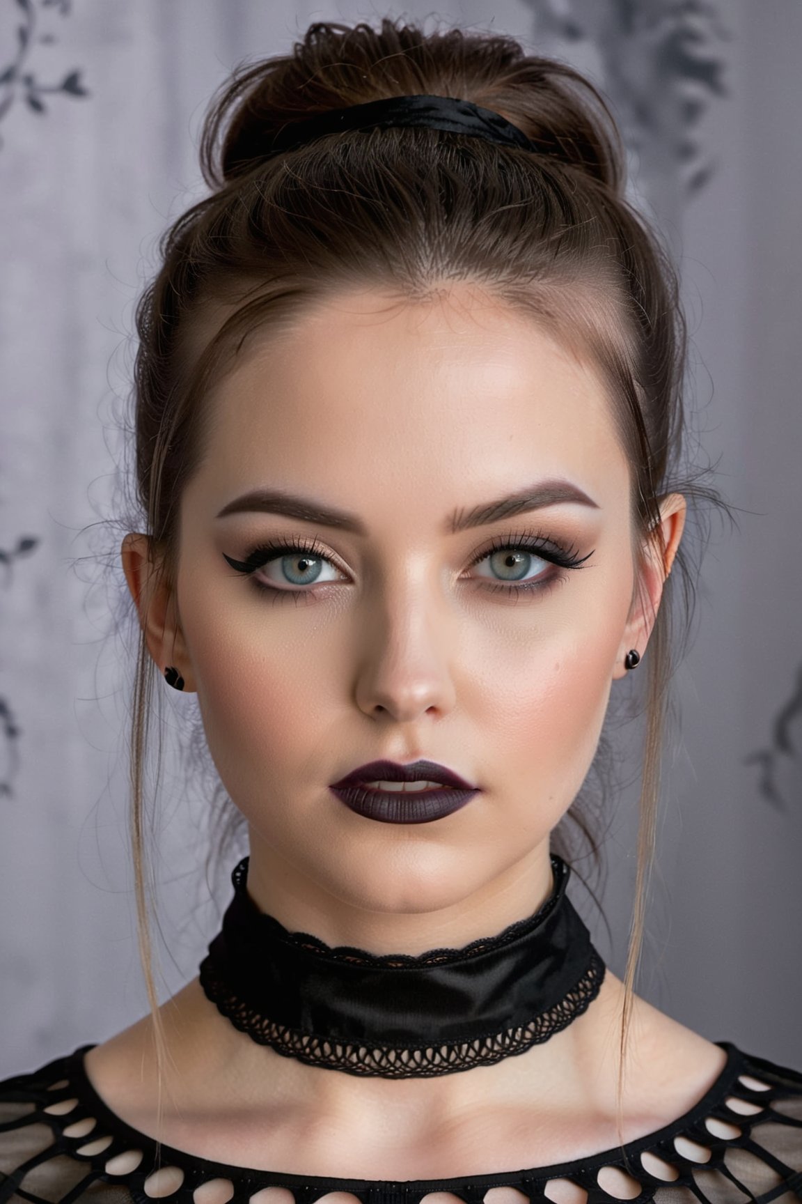 (closeup portrait photo of beautiful 24 y.o goth woman, makeup),(8k uhd, high quality, dramatic, cinematic):1.2,ultra-detailed,realistic:1.37,professional,vivid colors,sharp focus,physically-based rendering,(dark and moody),(combined natural and artificial lighting), gothic attire,beautiful detailed eyes,dark lipstick,pale skin,black eyeliner,long dark hair,black choker necklace,subtle smoke effects