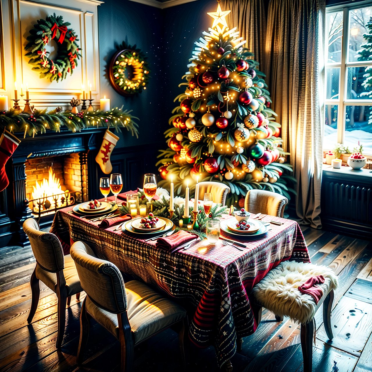Christmas-themed room, The room is adorned with holiday decorations, creating a warm and inviting atmosphere. The dining table is the centerpiece, covered with a colorful tablecloth and laden with an array of Christmas foods, including a roast, various pies, and seasonal fruits. The highlight on the table is a large, artistically decorated Christmas tree-shaped cake. In the background, a beautifully decorated Christmas tree is illuminated with strings of lights, adding to the festive ambiance. Outside the window, the scene is enchanting with unique snowflake patterns gently falling, creating a picturesque winter wonderland. The overall scene encapsulates the joy and warmth of the Christmas season, 
