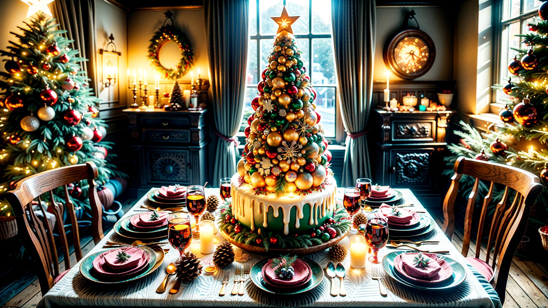 Christmas-themed room, The room is adorned with holiday decorations, creating a warm and inviting atmosphere. The dining table is the centerpiece, covered with a colorful tablecloth and laden with an array of Christmas foods, including a roast, various pies, and seasonal fruits. The highlight on the table is a large, artistically decorated Christmas tree-shaped cake. In the background, a beautifully decorated Christmas tree is illuminated with strings of lights, adding to the festive ambiance. Outside the window, the scene is enchanting with unique snowflake patterns gently falling, creating a picturesque winter wonderland. The overall scene encapsulates the joy and warmth of the Christmas season.