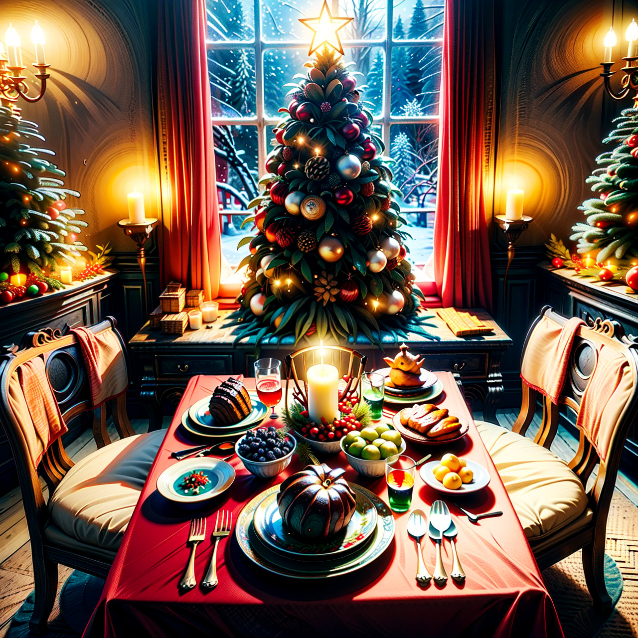 Christmas-themed room, The room is adorned with holiday decorations, creating a warm and inviting atmosphere. The dining table is the centerpiece, covered with a colorful tablecloth and laden with an array of Christmas foods, including a roast, various pies, and seasonal fruits. The highlight on the table is a large, artistically decorated Christmas tree-shaped cake. In the background, a beautifully decorated Christmas tree is illuminated with strings of lights, adding to the festive ambiance. Outside the window, the scene is enchanting with unique snowflake patterns gently falling, creating a picturesque winter wonderland. The overall scene encapsulates the joy and warmth of the Christmas season, 