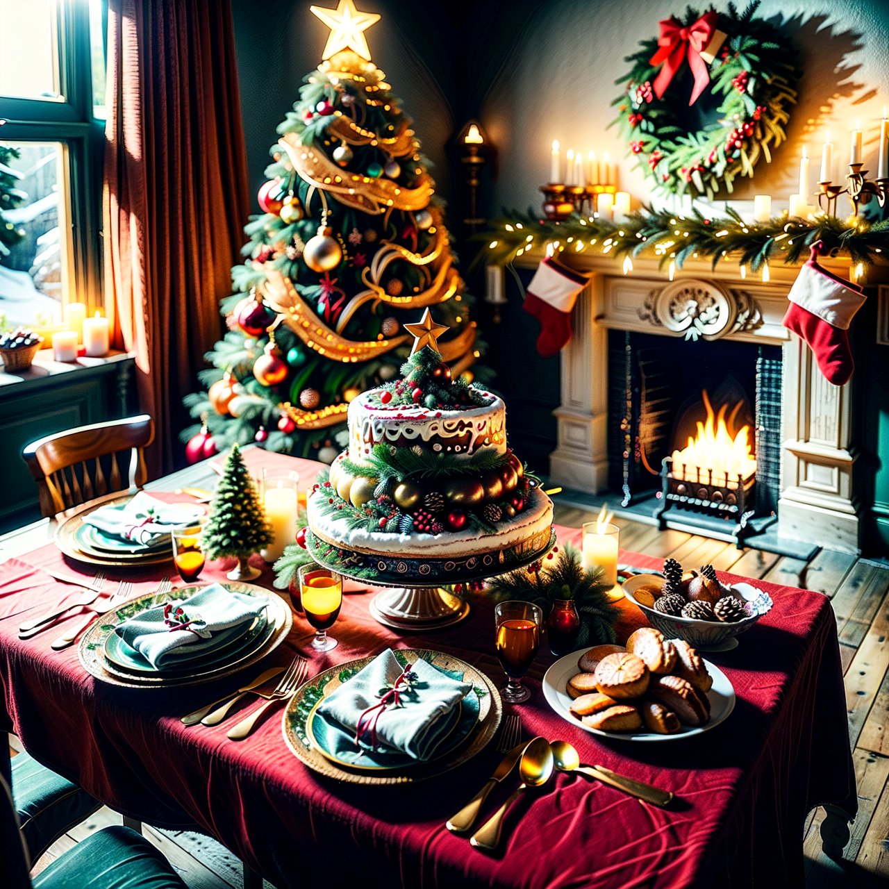 Christmas-themed room, The room is adorned with holiday decorations, creating a warm and inviting atmosphere. The dining table is the centerpiece, covered with a colorful tablecloth and laden with an array of Christmas foods, including a roast, various pies, and seasonal fruits. The highlight on the table is a large, artistically decorated Christmas tree-shaped cake. In the background, a beautifully decorated Christmas tree is illuminated with strings of lights, adding to the festive ambiance. Outside the window, the scene is enchanting with unique snowflake patterns gently falling, creating a picturesque winter wonderland. The overall scene encapsulates the joy and warmth of the Christmas season, 