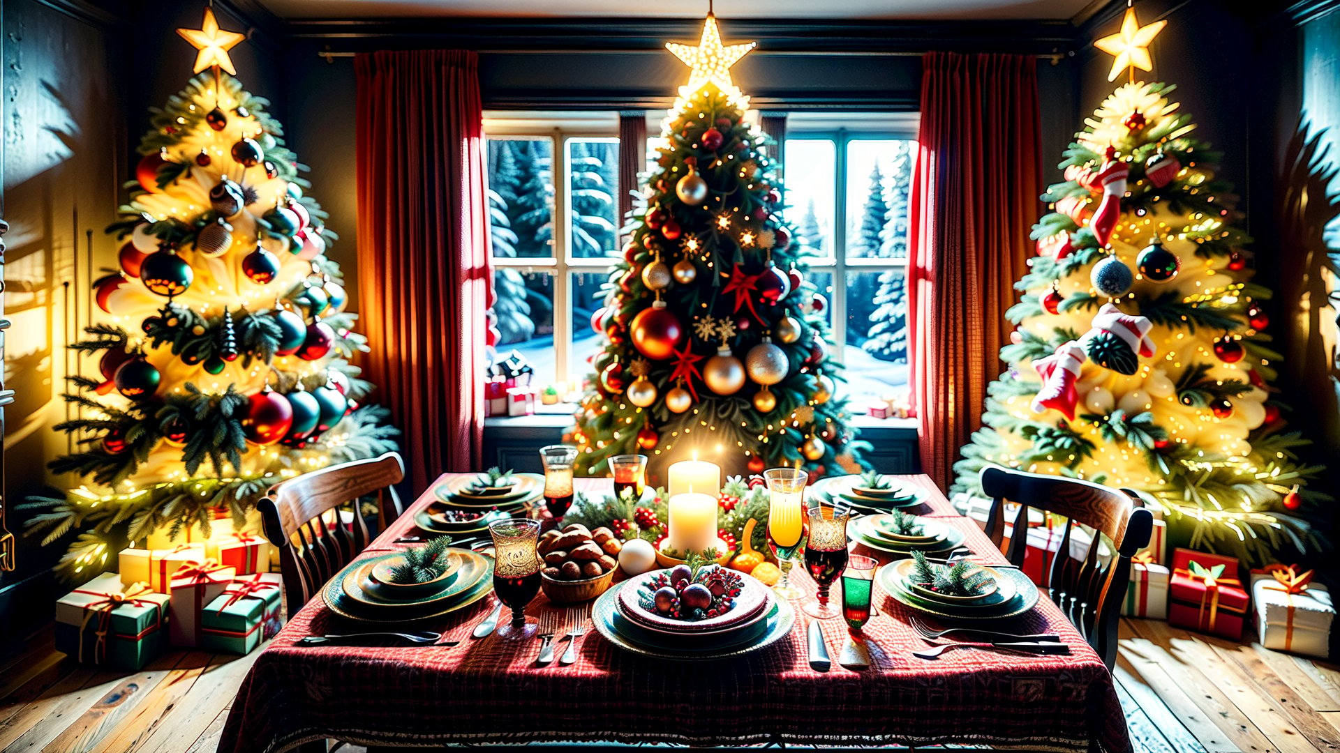 Christmas-themed room, The room is adorned with holiday decorations, creating a warm and inviting atmosphere. The dining table is the centerpiece, covered with a colorful tablecloth and laden with an array of Christmas foods, including a roast, various pies, and seasonal fruits. The highlight on the table is a large, artistically decorated Christmas tree-shaped cake. In the background, a beautifully decorated Christmas tree is illuminated with strings of lights, adding to the festive ambiance. Outside the window, the scene is enchanting with unique snowflake patterns gently falling, creating a picturesque winter wonderland. The overall scene encapsulates the joy and warmth of the Christmas season.,Santa Claus