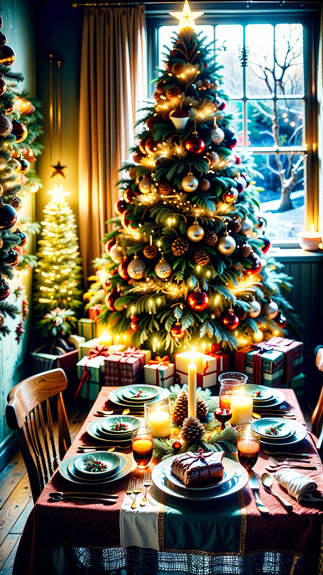 Christmas-themed room, The room is adorned with holiday decorations, creating a warm and inviting atmosphere. The dining table is the centerpiece, covered with a colorful tablecloth and laden with an array of Christmas foods, including a roast, various pies, and seasonal fruits. The highlight on the table is a large, artistically decorated Christmas tree-shaped cake. In the background, a beautifully decorated Christmas tree is illuminated with strings of lights, adding to the festive ambiance. Outside the window, the scene is enchanting with unique snowflake patterns gently falling, creating a picturesque winter wonderland. The overall scene encapsulates the joy and warmth of the Christmas season, Santa Claus,