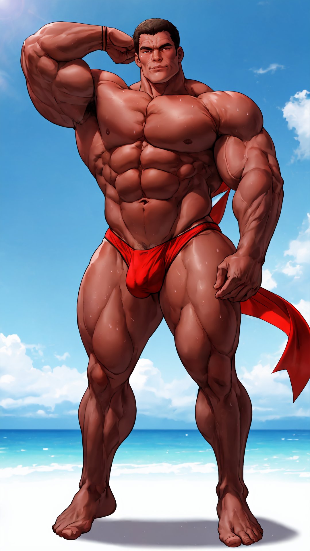 muscle, big pecs, dark hair, thong, bulge, shirtless, full body view,  looking at viewer,  standing, sweaty, hairy,

white background,  absurdres,  4k, proper anatomy, rokudenashi,