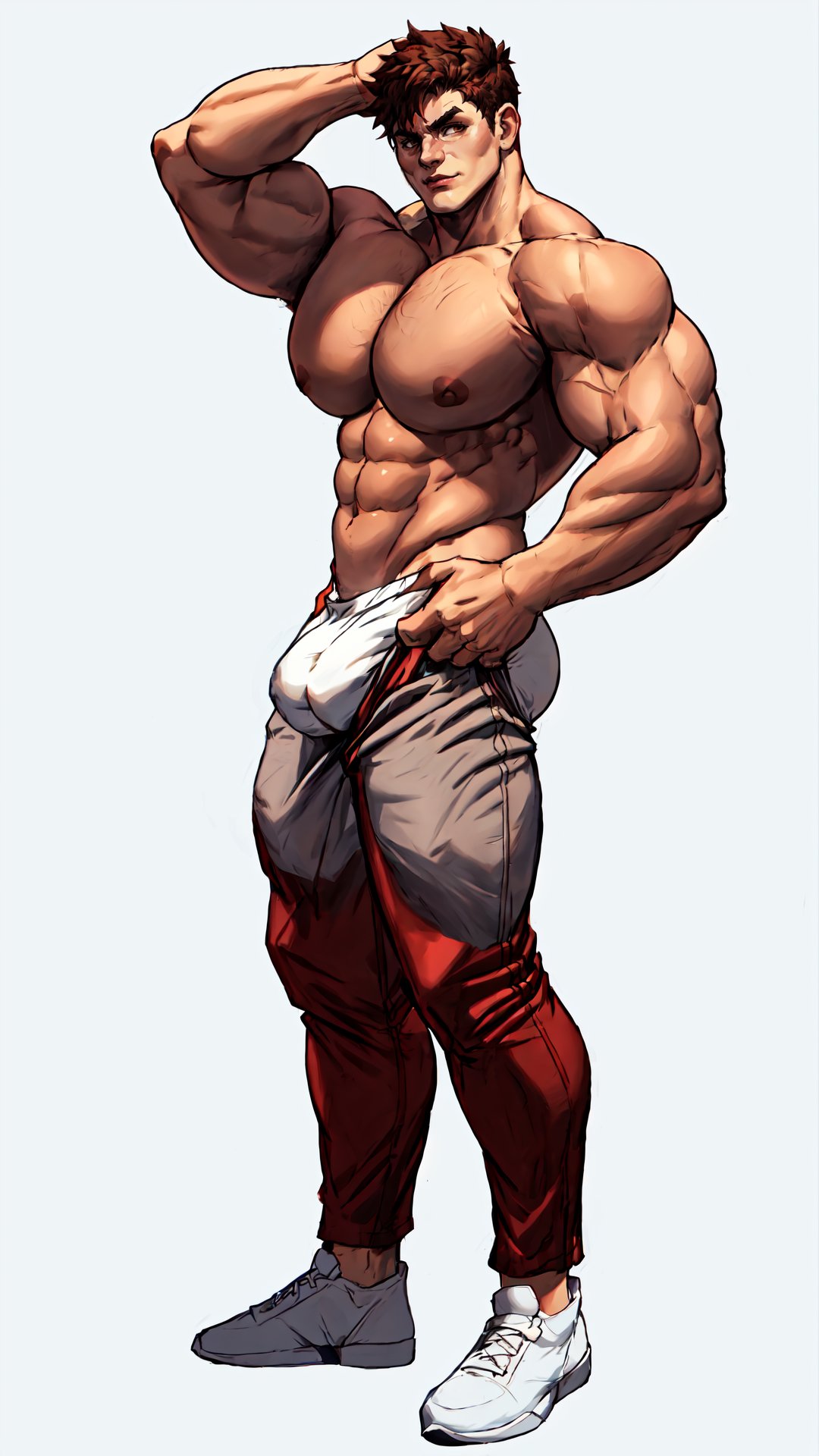 muscle, big pecs, pants, briefs, shirtless, full body view,  looking at viewer,  standing,  brown eyes, 

white background,  absurdres,  4k, proper anatomy, sett, thicc