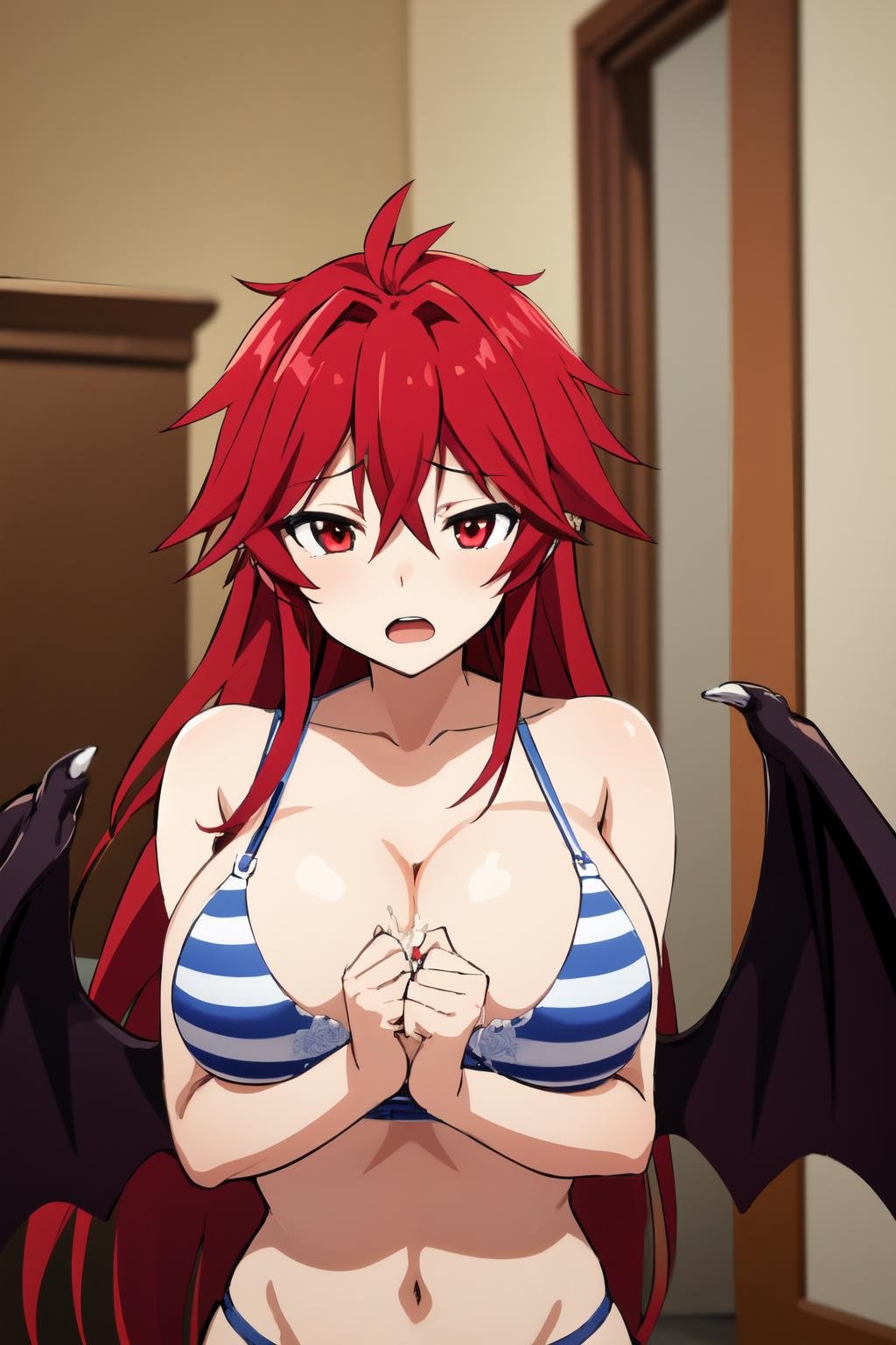 best quality, masterpiece, , indoors,1girl, solo focus, large breasts, , , , , open mouth,, after sex,bat wings,cumdrip, striped bra,  <lora:Setogaya_Mari:0.8> setogaya mari ,red eyes,red hair,long hair,