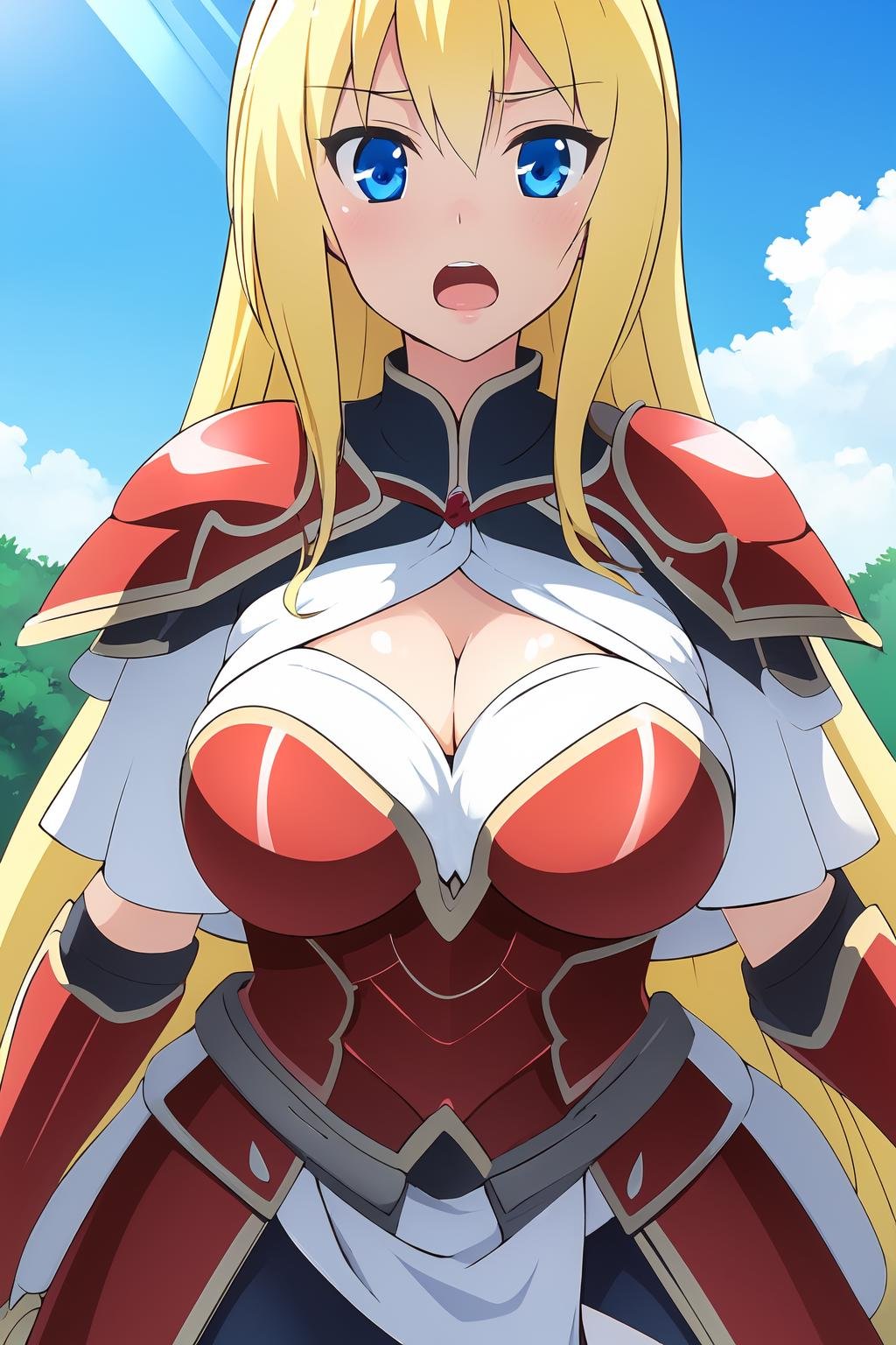 (best quality, masterpiece:1.4), luvilias , long hair, breasts, looking at viewer, open mouth, blue eyes, blonde hair, large breasts, cleavage, outdoors, sky, day, cloud, armor, white capelet,  <lora:luvilias :0.8>