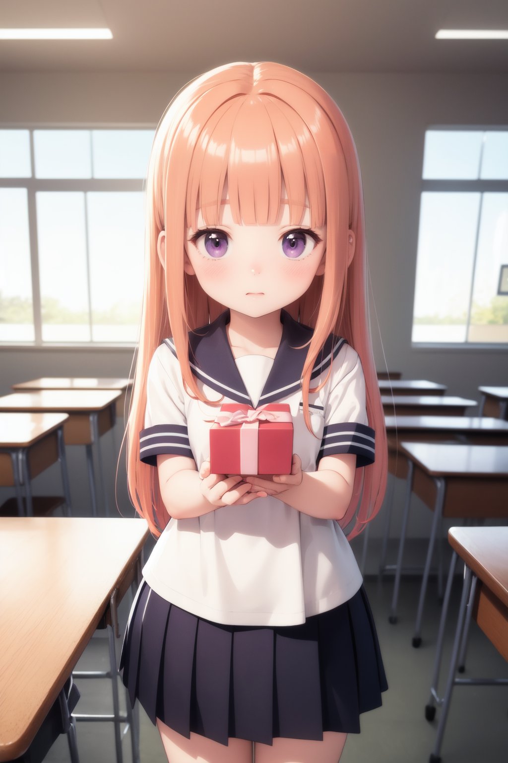 masterpiece, best quality, 1girl, orange hair, long hair, blunt bangs, purple eyes, shy, blushing, nervous, embarrassed, holding giftbox, school uniform, looking at other, solo focus, classroom