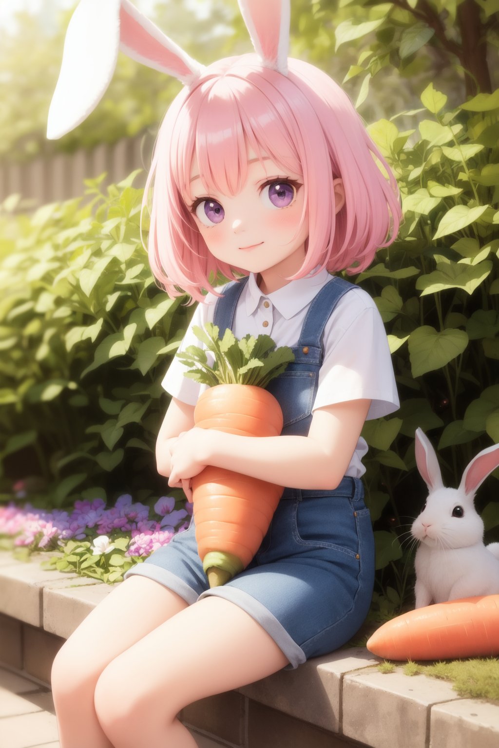 masterpiece, best quality, 1girl, solo, pink hair, purple eyes, gardener outfit, shorts, hugging giant carrot, carrot, happy, rabbit ears, looking at viewer, closed mouth