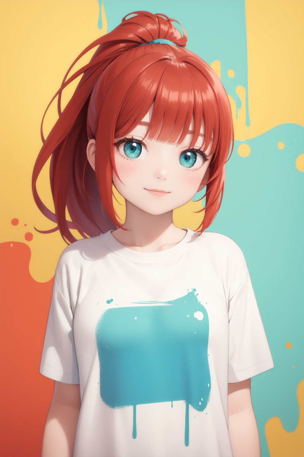 masterpiece, best quality, 1girl, ponytail, blunt bangs, red hair, aqua eyes, light smile, looking at viewer, paint splatter background, oversized t-shirt, upper body, closed mouth