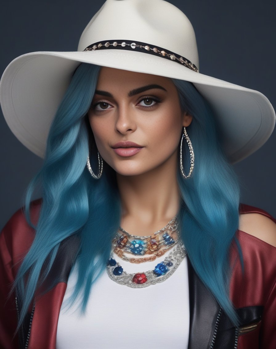 BebeRexha,<lora:BebeRexhaSDXL:1>,Realistic photo of a beautiful woman, 1girl, solo, long hair, hat, jewelry, blue hair, jacket, multicolored hair, necklace, bracelet, lips, realistic, fashion, soft lighting, professional Photography, Photorealistic, detailed, RAW, analog, sharp focus, 8k, HD, DSLR, high quality, Fujifilm XT3, film grain, award winning, masterpiece