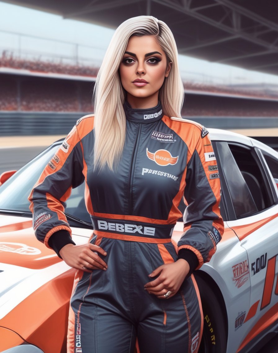 BebeRexha,<lora:BebeRexhaSDXL:1> perfect anime illustration, 1girl, braided hair, medium hair, medium breasts, sidehair, racecar driver, ((firesuit, race track, car)), nascar, f1, indycar, (outdoors, speedway, track), standing next to a racing vehicle, hand on hip, good posture, looking at viewer. created by Artgerm, volumetric lighting, 8k, hdr, holga, 300mm lens f3. 5, aesthetic, unsharpened