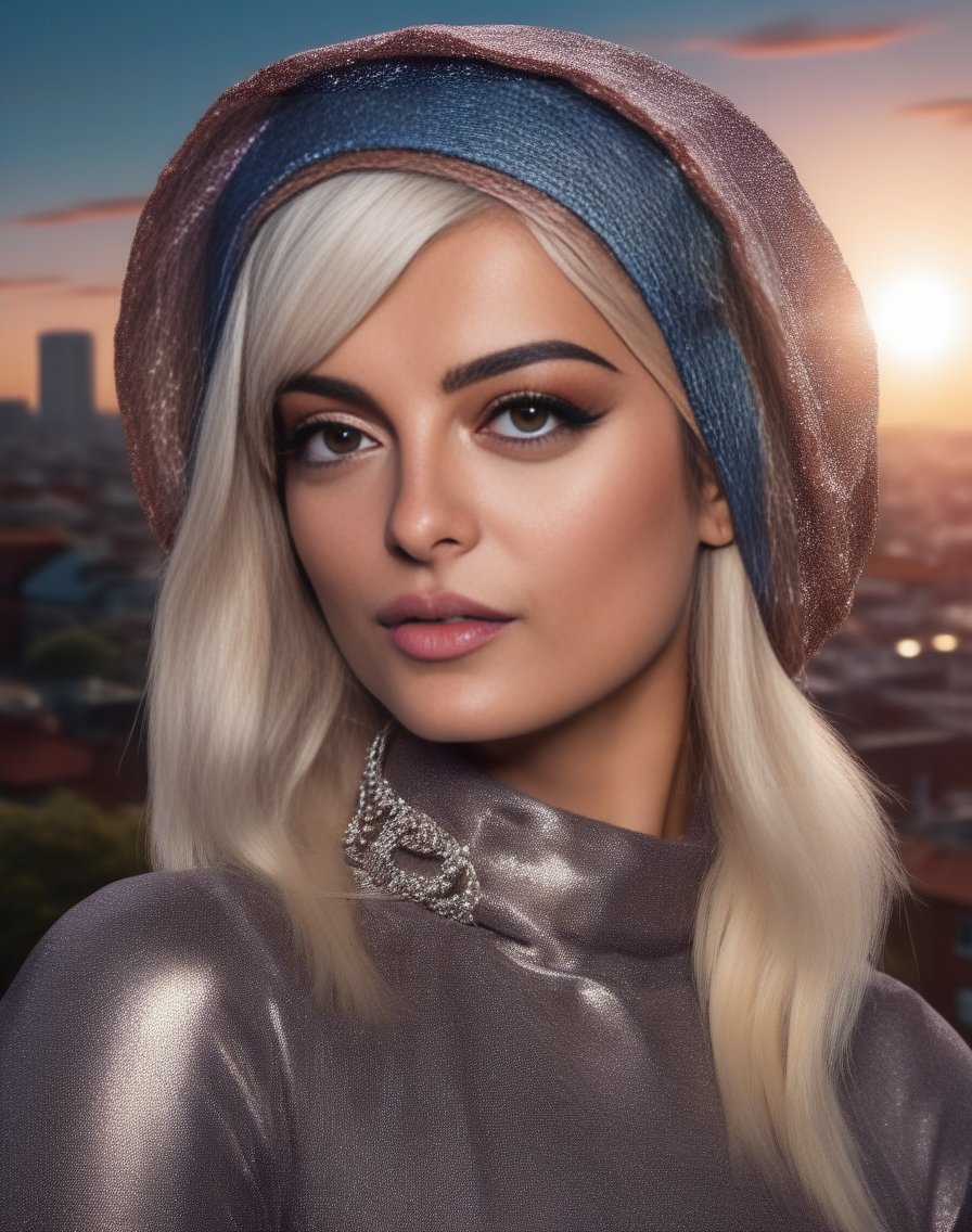 BebeRexha, [ (art by Tsuchiya Koitsu:1.2) ,art by Barry Windsor Smith::11], photograph, Narrow Unsightly Romanian Female, wearing Shiny Bonnet, Trendy Bangs hairstyle, at Dusk, Lens Flare, Canon RF, F/2.8, three colors, <lora:BebeRexhaSDXL:1>