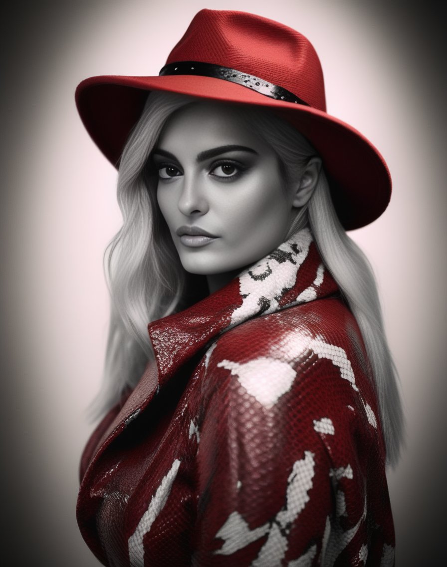 BebeRexha, photograph, [Old|Gentle] voluptuous Female of Elements, wearing Average Snakeskin Red Trapper hat, Winter, tilt shift, Movie still, Suffering, moody lighting, Ilford HP5, Depth of field 100mm, art by Giorgio de Chirico, <lora:BebeRexhaSDXL:1>