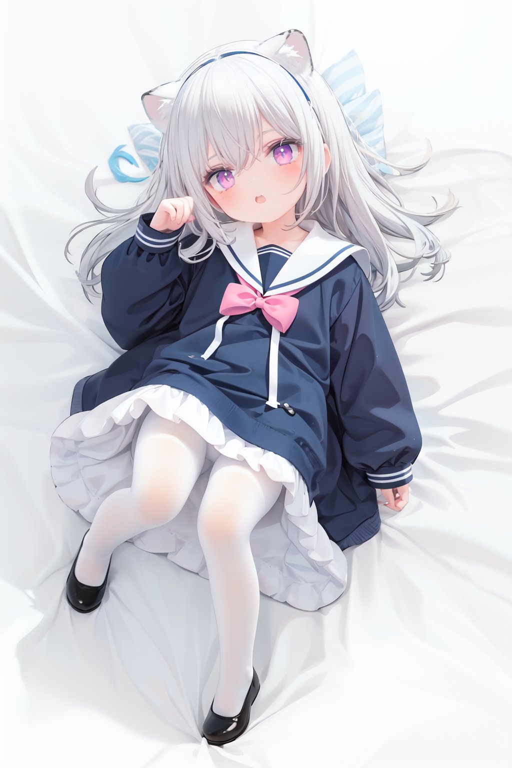  cute,Infant,solo blue shirt,blue sailor coat,loli,full body,white hair,snow leopard ear,white background,pink eyes,laugh,happy,white pantihose,white pantyhose,red armband,