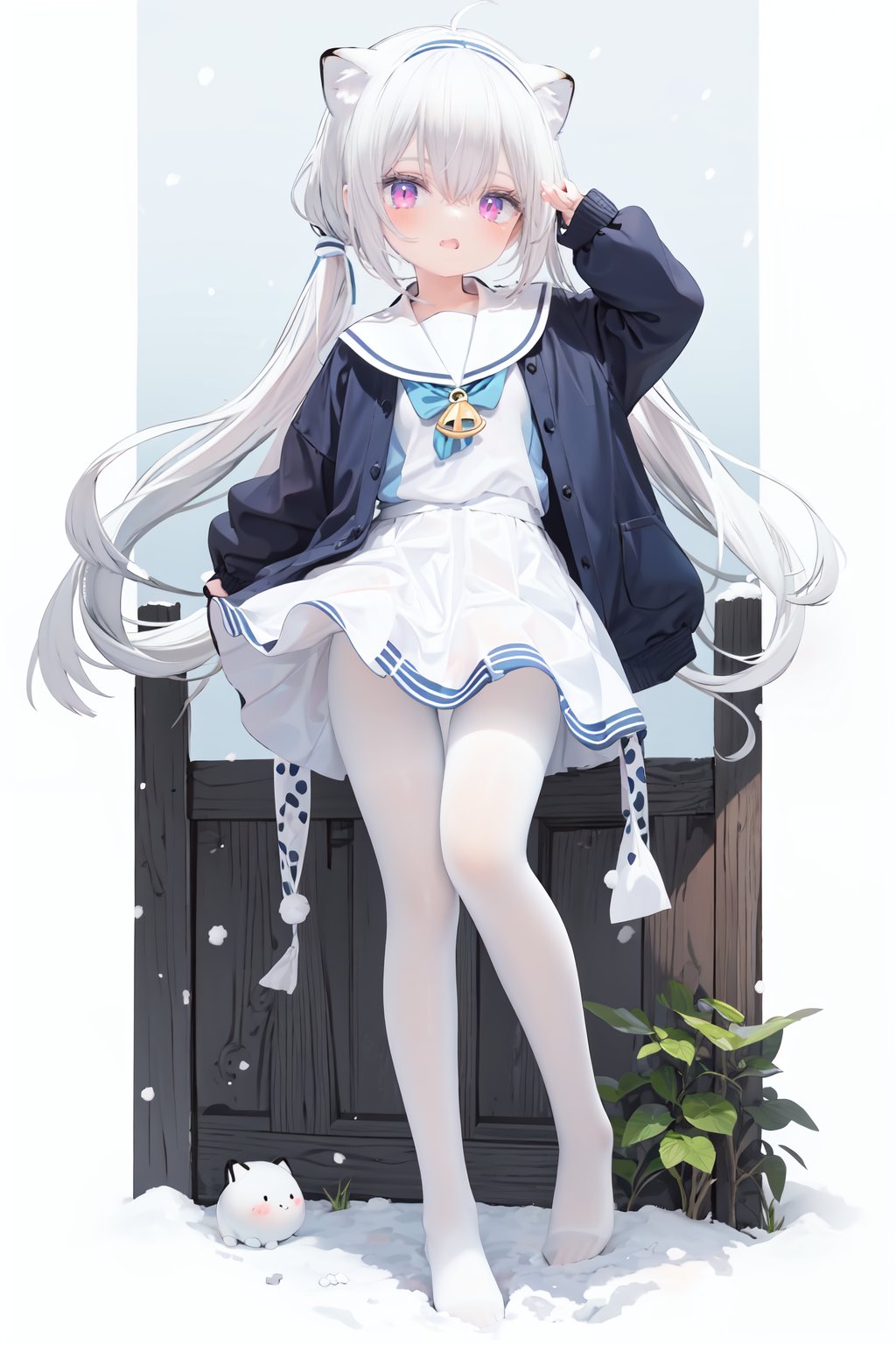  cute,Infant,solo blue shirt,blue sailor coat,loli,full body,white hair,snow leopard ear,white background,pink eyes,laugh,happy,white pantihose,white pantyhose,red armband,