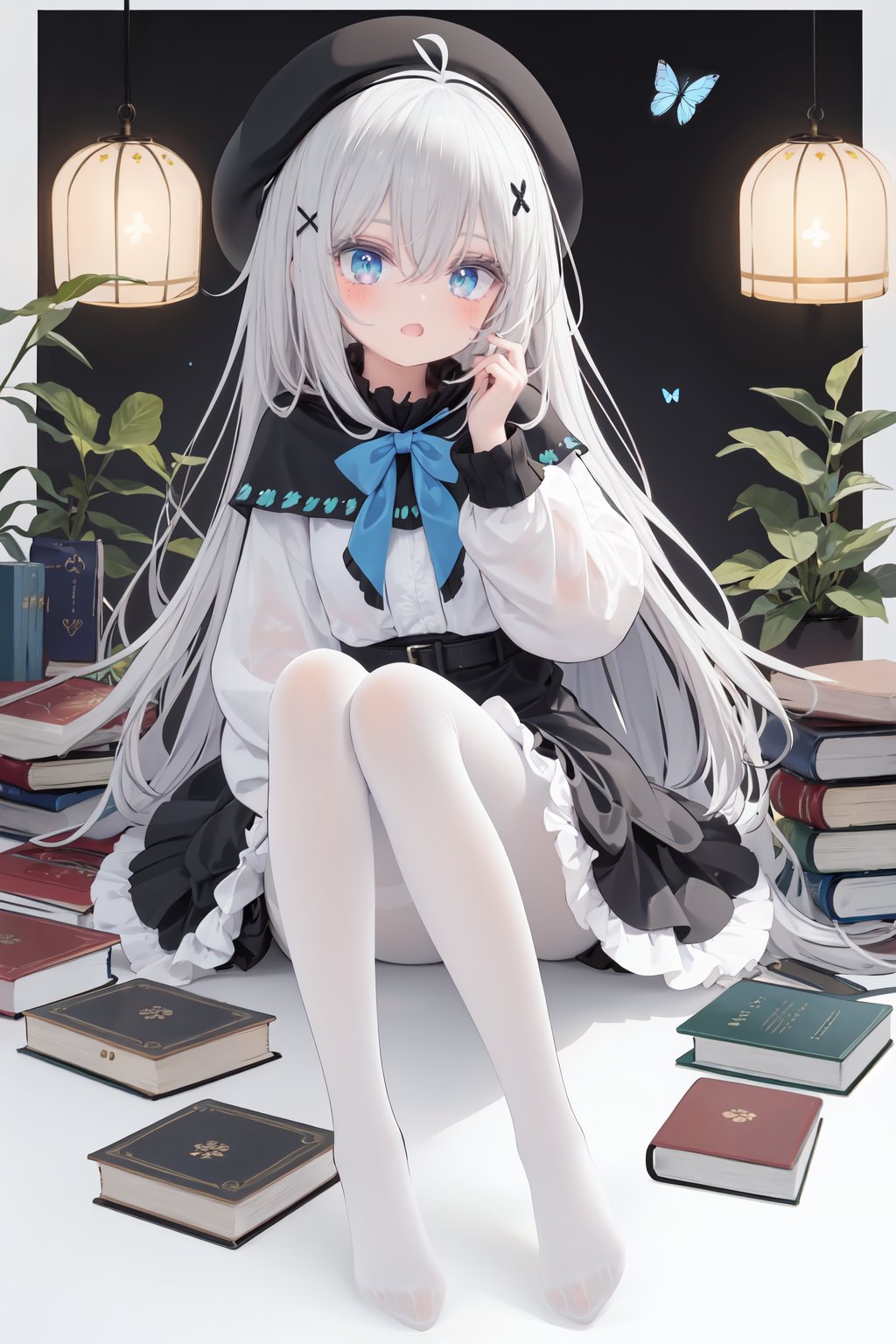  1girl, solo, green eyes, long hair, bug, book, hair ornament, hat, white pantyhose, butterfly, looking at viewer, no shoes, pantyhose, feet, blush, long sleeves, bangs, sitting, black headwear, skirt, white hair, ahoge, x hair ornament, hair between eyes, open mouth, smile, blue butterfly, sweater, capelet, sleeves past wrists, hairclip, beret, :d, very long hair, book stack, black skirt, black capelet, legs, knees up, toes, hand on own knee, frills, can, between legs