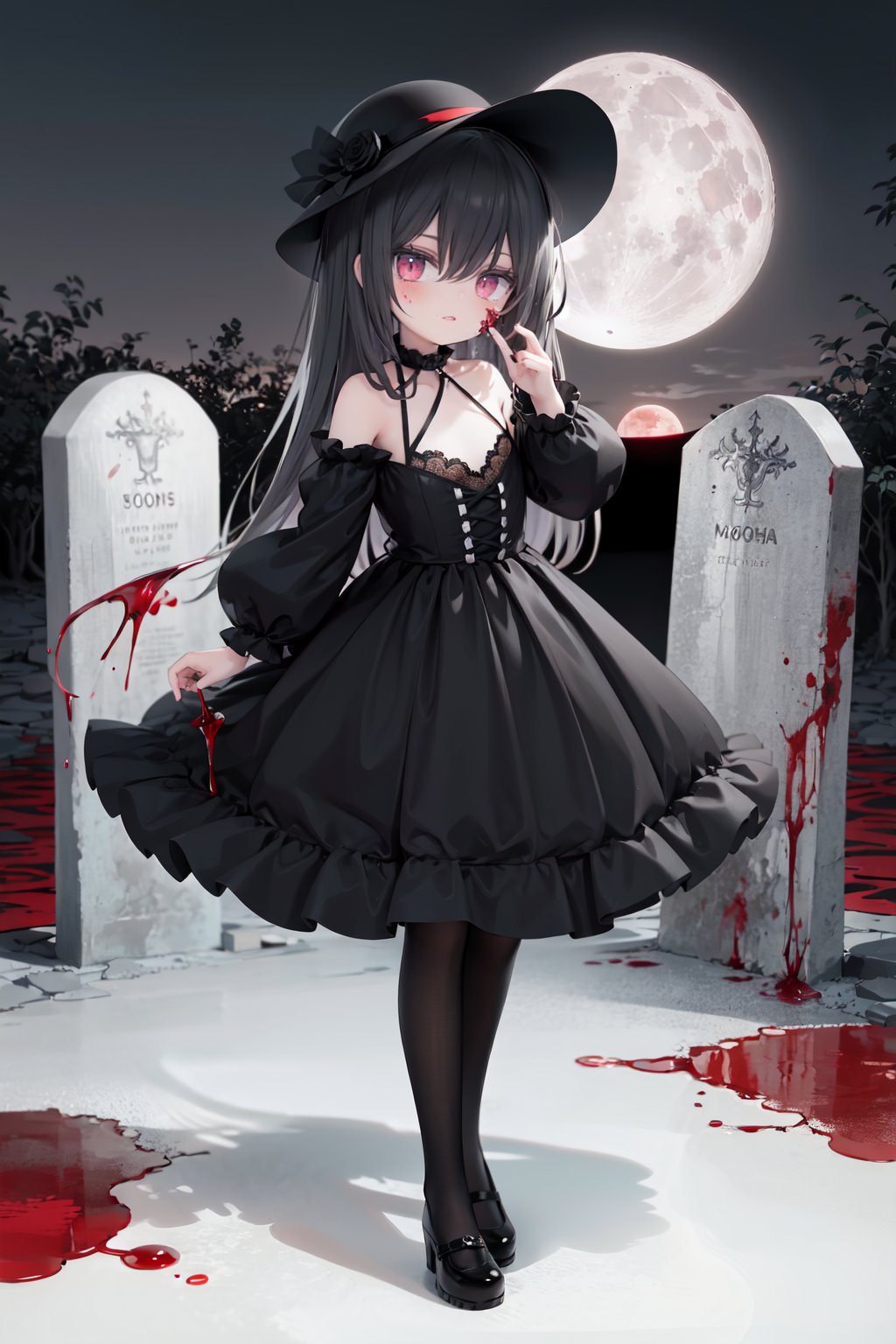  ,1girl,loli,(petite child:1.05),//,clockbackground,outdoors,Graveyards,(bloody moons:1.3), red moonlight, straight,weird scenes, scary styles, scares,full body,long black hair,blood red eyes, mad eyes, wild laughter,lolita,Gothic style,straight-on, blood on face, crazy, dark_persona, smirk,