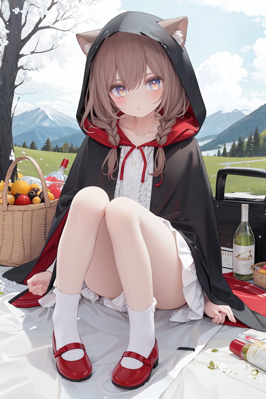  1girl, bottle, solo, skirt, sitting, braid, outdoors, hood, shirt, socks, white socks, white shirt, red skirt, twin braids, shoes, bandaid, red footwear, wine bottle, looking at viewer, tree, brown hair, day, long hair, holding, frills, little red riding hood (grimm), frilled skirt, food, bandaid on leg, mary janes, closed mouth, yellow eyes, hood up, bow, basket, kneehighs, fruit, sky, cloak, hooded cloak, grass, bangs, hooded cape, hooded capelet, alcohol, animal hood, full body, picnic basket, cup, cloud, bandaid on knee, pleated skirt, mountain, cape, brown eyes, collarbone