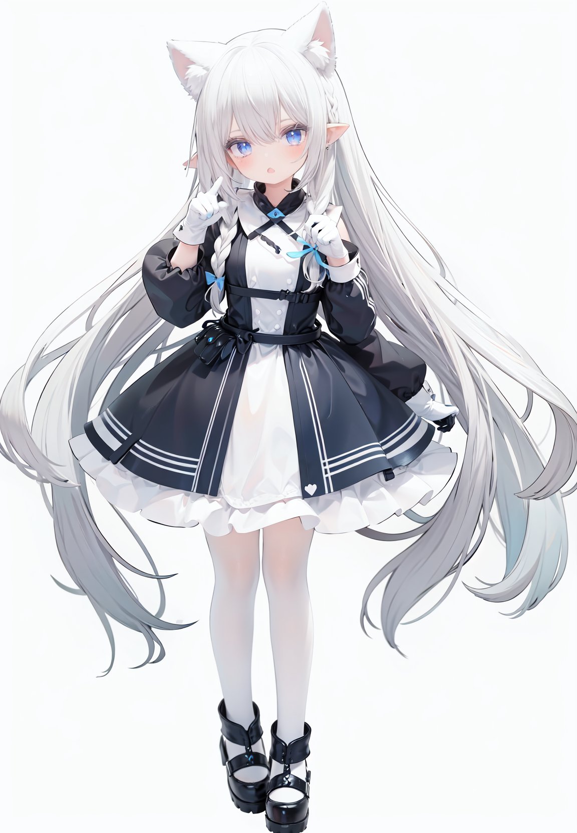  1girl, white_gloves, braid, full_body, gloves, long_hair, official_alternate_costume, pointy_ears, simple_background, solo, standing, very_long_hair, white_background, white hair, blue eyes, paw claw pose, open_mouth