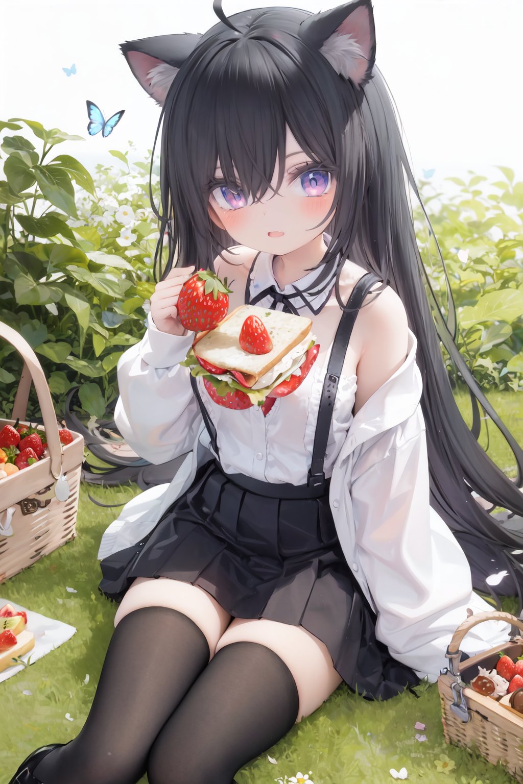  smile,lace-up boots,boots,2girls,multiple girls,shirt,red eyes,black hair,very long hair,white shirt,purple eyes,:d,outdoors,cup,long hair,day,black footwear,holding,animal,sleeves past wrists,bangs,sandwich,skirt,hair over one eye,flower,cross-laced footwear,sleeves past fingers,collared shirt,closed mouth,ahoge,bento,butterfly,rabbit,thighhighs,long sleeves,fruit,off shoulder,picnic basket,bug,frills,food,petals,knee boots,hair ornament,picnic,holding cup,sitting,white hair,drinking straw,food art,cat,bow,hair between eyes,strawberry,blush,disposable cup,