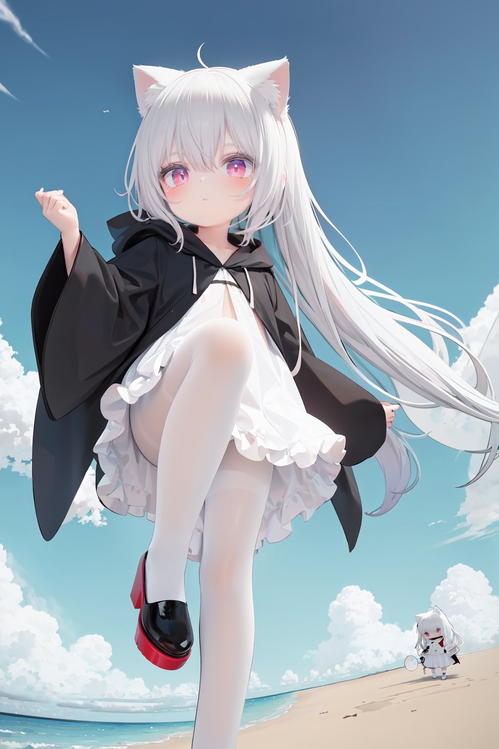  1girl, loli, petite child, white hair, long hair, red eyes, grim reaper, black robe, cat_hood, standing on one leg, another leg up, trample, white pantyhose, foot soles, underfoot, look down, shadow,beach, (from below:1.2)