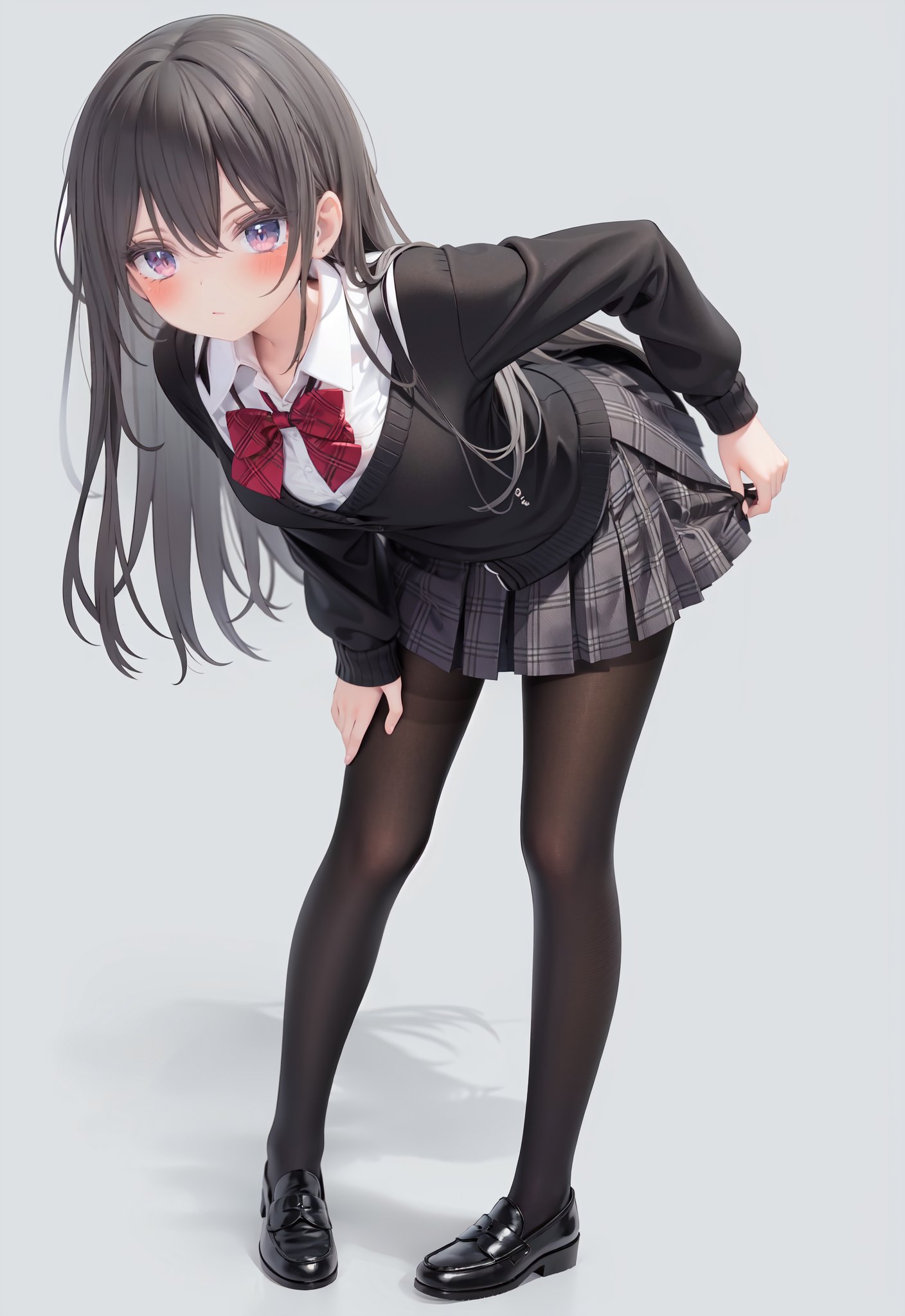  1girl, solo, pantyhose, skirt, long hair, loafers, shoes, simple background, school uniform, brown eyes, plaid, black pantyhose, plaid skirt, looking at viewer, black hair, pantyhose pull, full body, clothes pull, black footwear, pleated skirt, leaning forward, bangs, long sleeves, bent over, cardigan, bow, bowtie, standing, closed mouth, pulled by self, grey background, blush, miniskirt, red bow, sweater, undressing