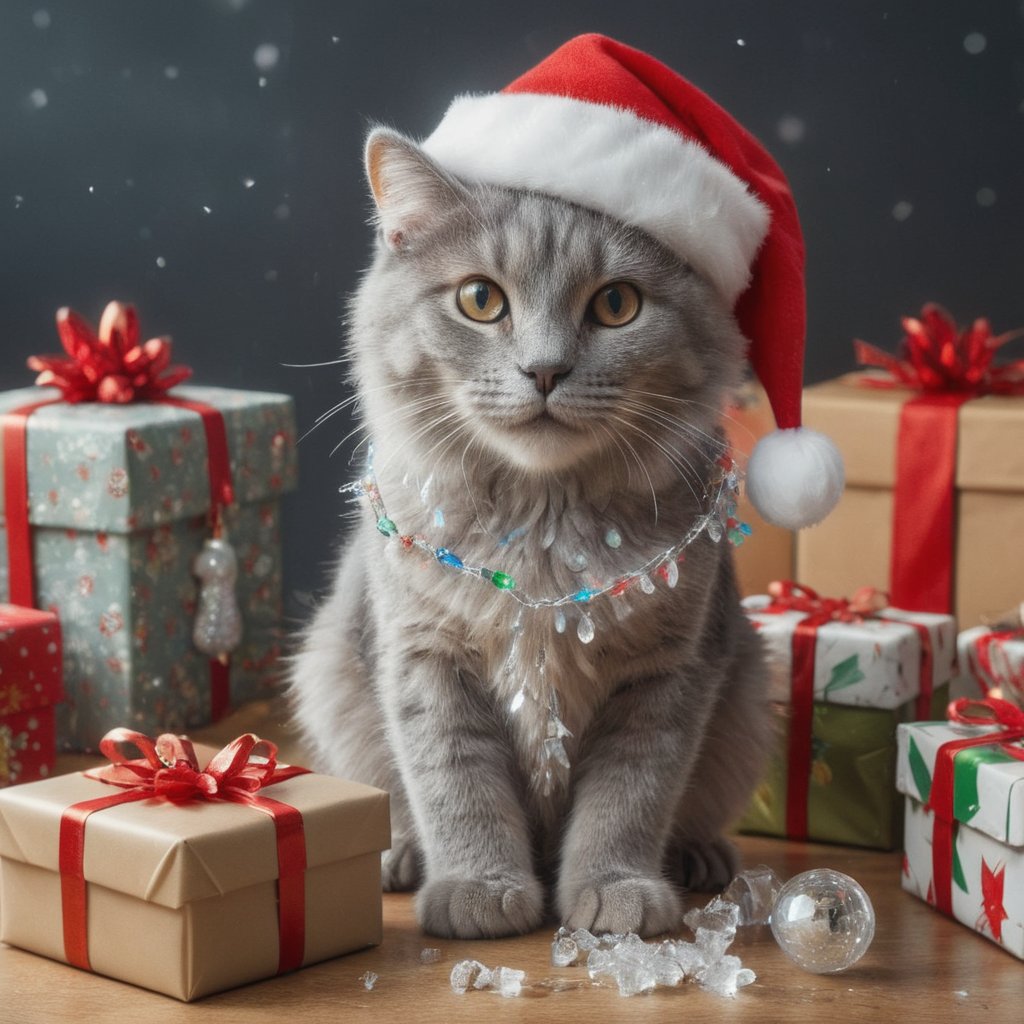 Xmas ice covered scene of a cat wearing santa hat with icicles surrounded by neatly wrapped christmas gifts