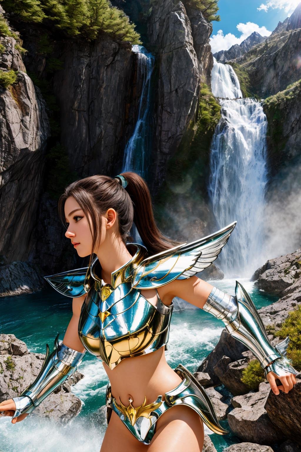 <lora:pegasus_v1:1> masterpiece of photorealism, photorealistic highly detailed 8k photography, best hyperrealistic quality, volumetric lighting and shadows, young woman in pegasus saint_armor, ponytail green, Snowy Mountain Villages, Panning Shot of a Majestic Waterfall