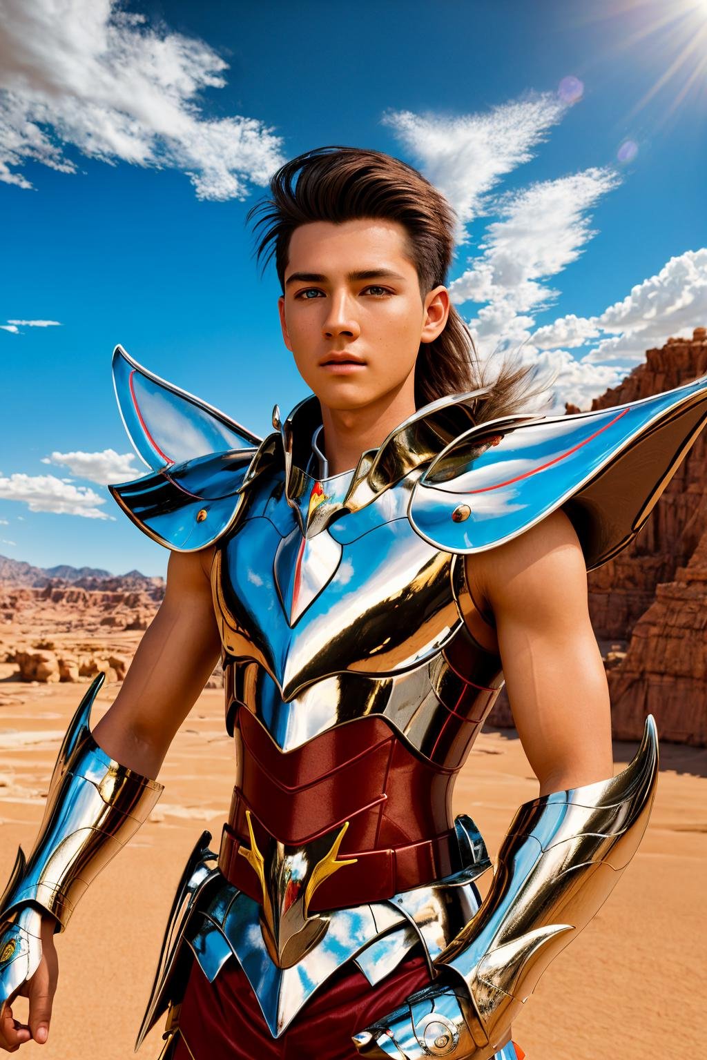 <lora:pegasus_v1:1> masterpiece of photorealism, photorealistic highly detailed 8k photography, best hyperrealistic quality, volumetric lighting and shadows, young man in pegasus saint_armor, bob black, Desert Landscapes, Time-Lapse of Changing Light Conditions