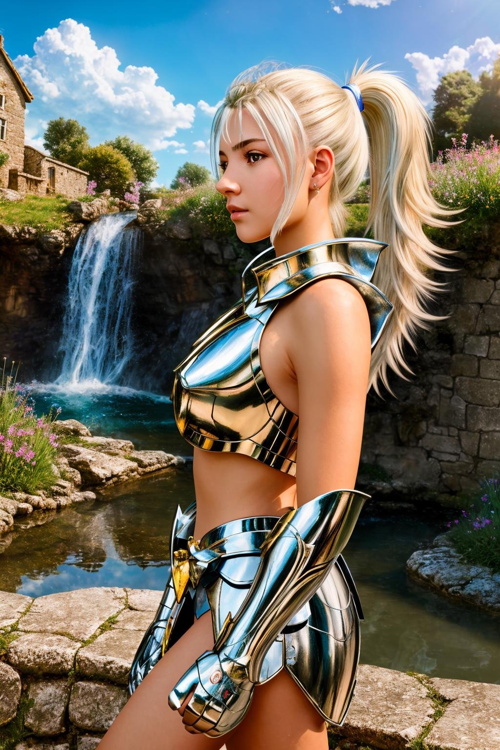 <lora:pegasus_v1:1> masterpiece of photorealism, photorealistic highly detailed 8k photography, best hyperrealistic quality, volumetric lighting and shadows, young woman in pegasus saint_armor, ponytail platinum blonde, Rustic Watermills by Countryside Streams, 360-Degree Panoramic View