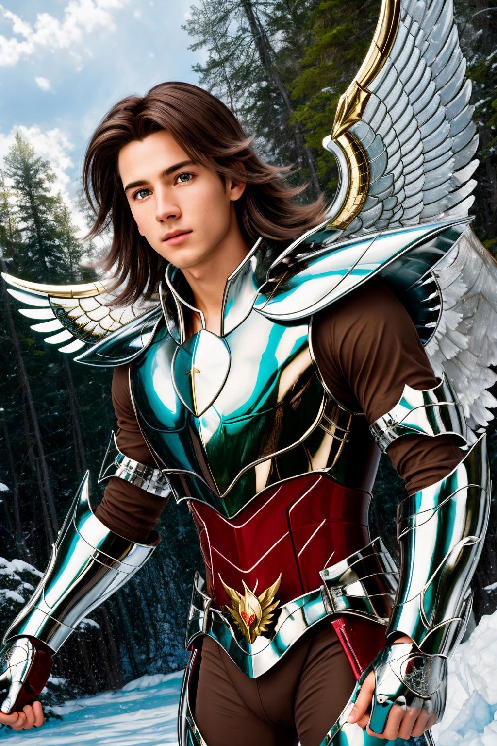 <lora:pegasus_v1:1> masterpiece of photorealism, photorealistic highly detailed 8k photography, best hyperrealistic quality, volumetric lighting and shadows, young man in pegasus saint_armor, sleek hair medium brown, Frozen Lakes, Dynamic Follow Shot through a Forest Canopy