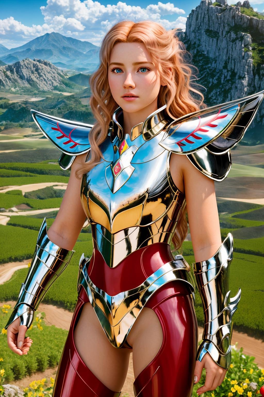 <lora:pegasus_v1:1> masterpiece of photorealism, photorealistic highly detailed 8k photography, best hyperrealistic quality, volumetric lighting and shadows, young woman in pegasus saint_armor, textured hair strawberry blonde, Rural Potato Farms, 360-Degree Aerial View of a Mountain Range