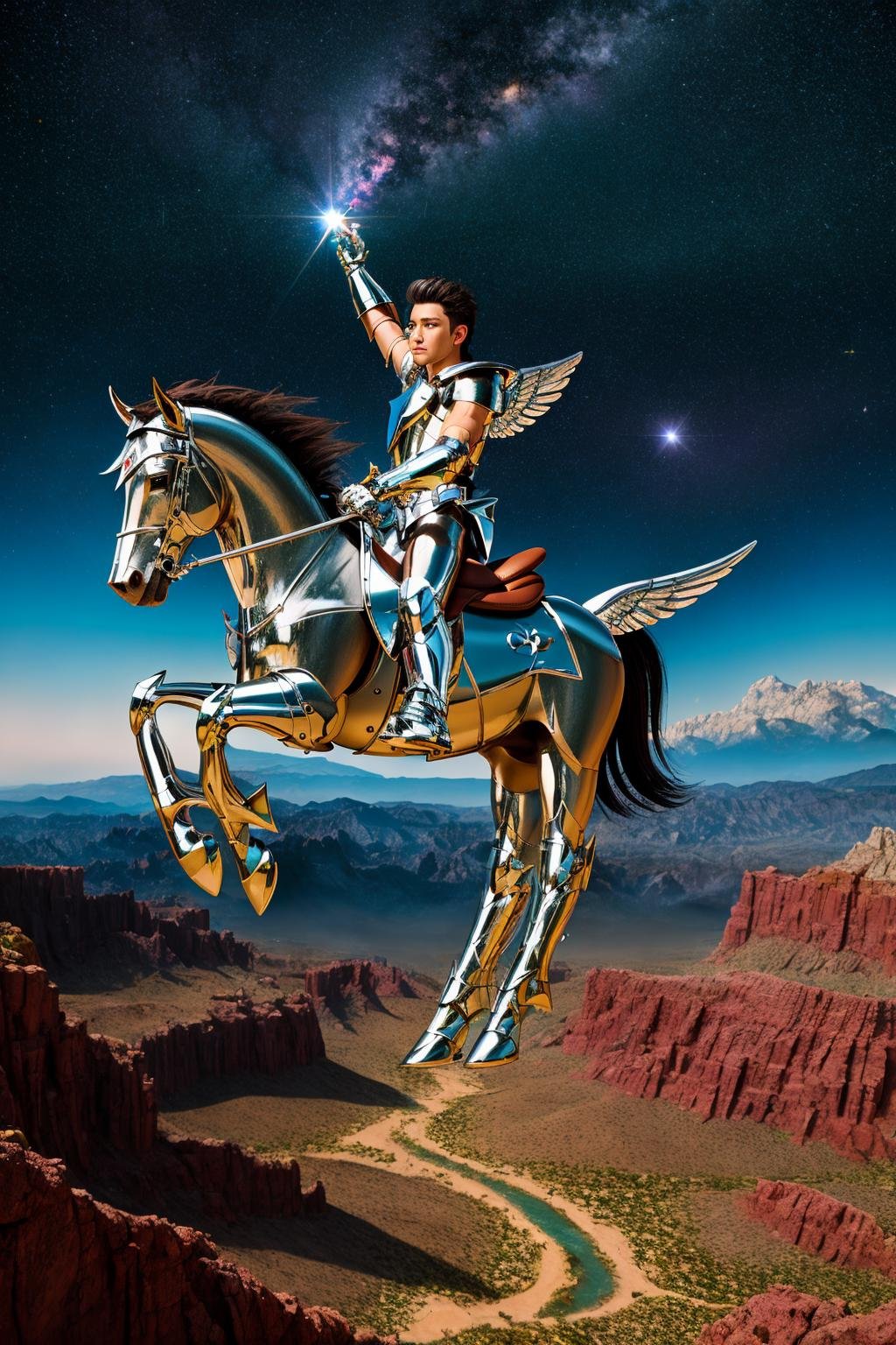 <lora:pegasus_v1:1> masterpiece of photorealism, photorealistic highly detailed 8k photography, best hyperrealistic quality, volumetric lighting and shadows, young man in pegasus saint_armor, graduated bob green, Magical Starlit Forest Clearings, 360-Degree Aerial View over a Desert