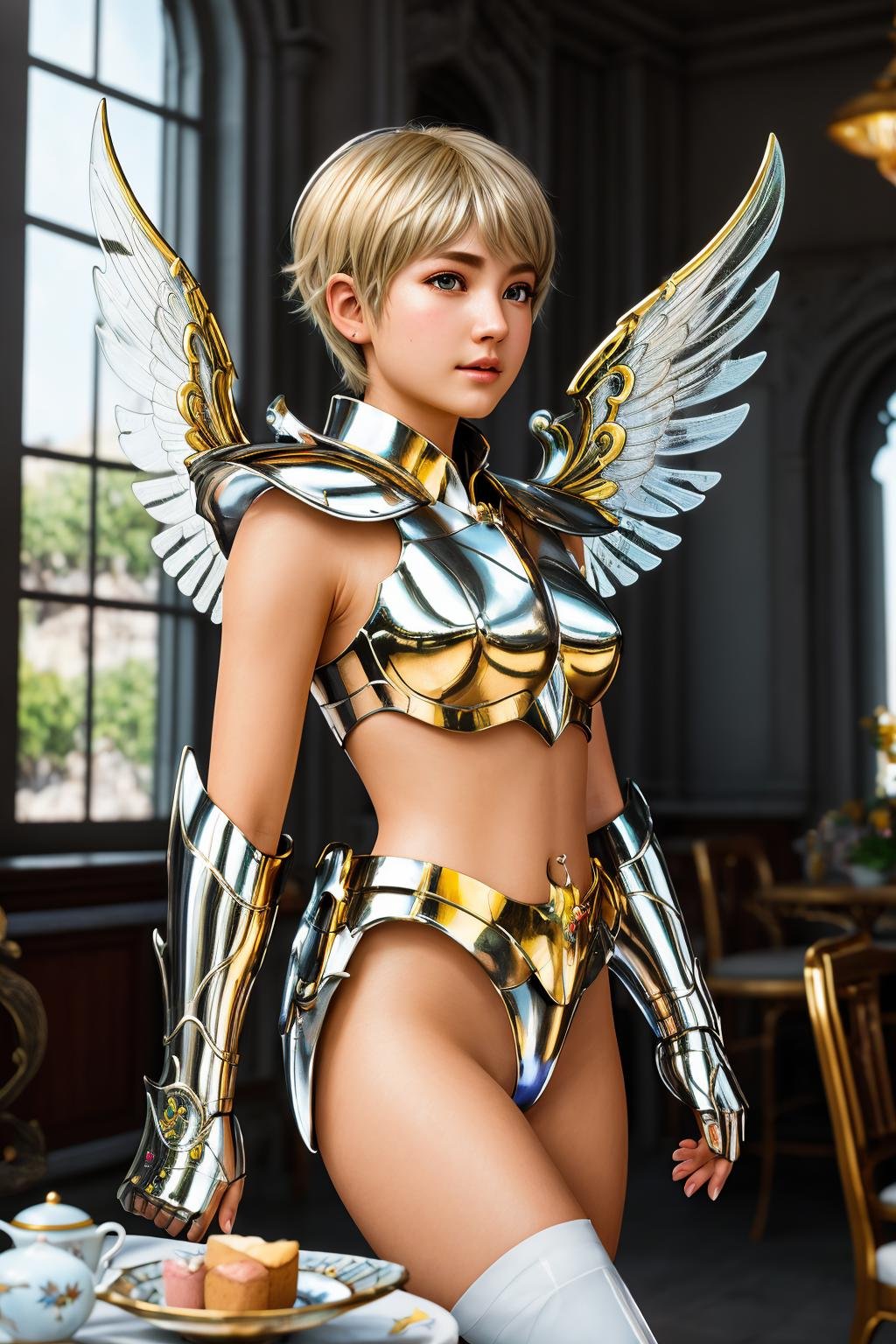 <lora:pegasus_v1:1> masterpiece of photorealism, photorealistic highly detailed 8k photography, best hyperrealistic quality, volumetric lighting and shadows, young woman in pegasus saint_armor, pixie cut dirty blonde, Peaceful Zen Tea Rooms, Stunning Slow-Motion Capture