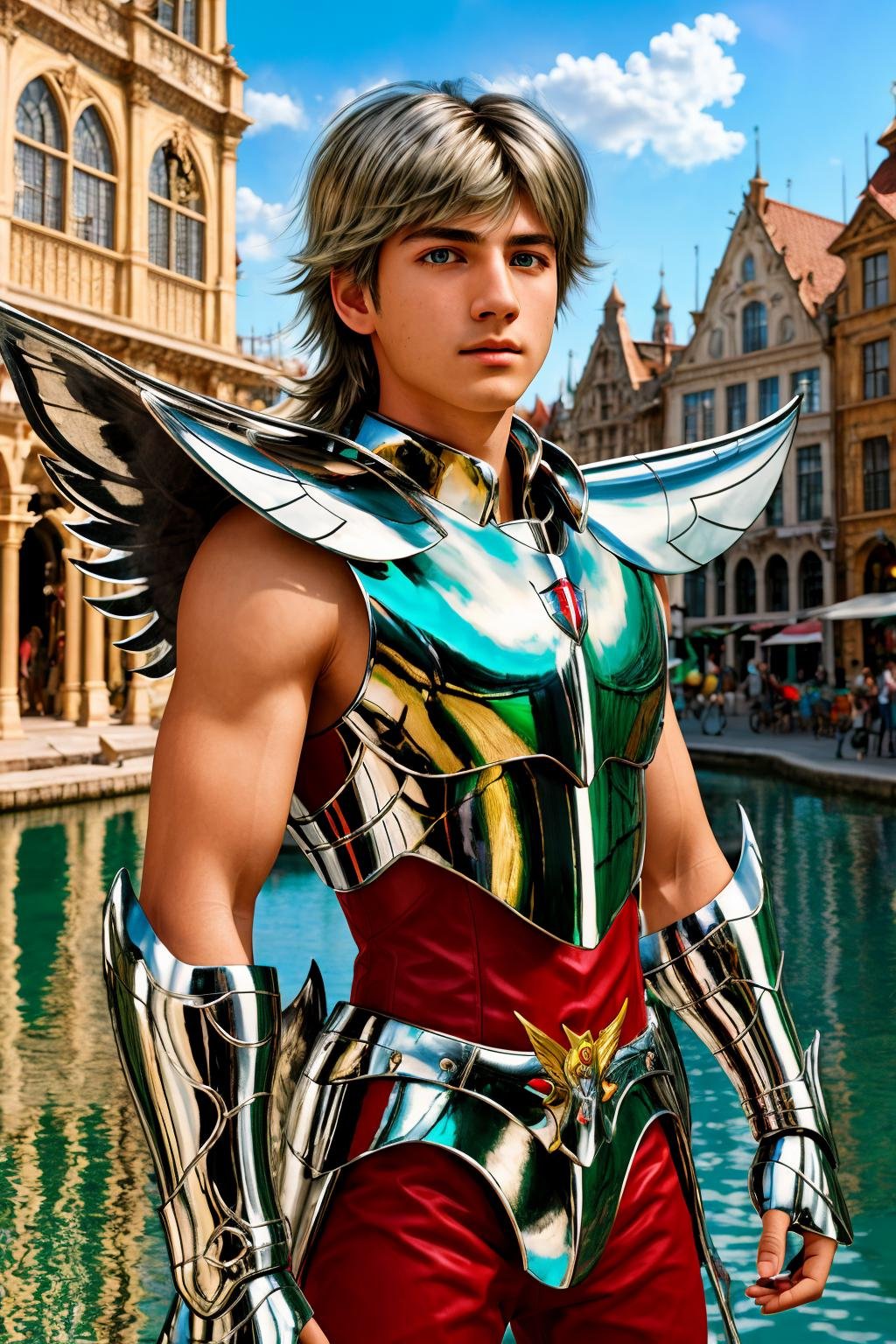 <lora:pegasus_v1:1> masterpiece of photorealism, photorealistic highly detailed 8k photography, best hyperrealistic quality, volumetric lighting and shadows, young man in pegasus saint_armor, shaggy hair green, Historic Market Squares, Creative Use of Reflections in Water