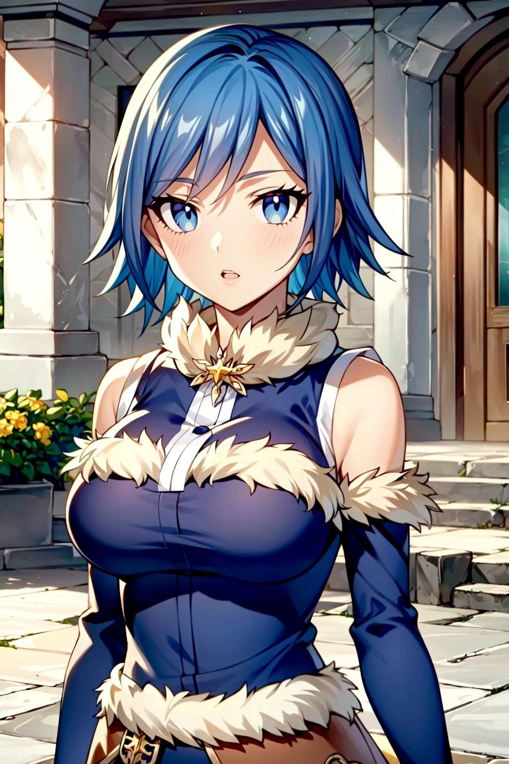 (extremely detailed CG unity 8k wallpaper),(masterpiece),(best quality),(ultra-detailed),(best illustration),(best shadow),(absurdres),(detailed background), <lora:OGT_Juvia_Lockser-v1:0.8> Juvia Lockser, 1girl, blue hair, solo, short hair, blue eyes, parted lips, breasts, flower, large breasts, outdoors, looking at viewer, upper body, fur trim, coat, buttons, detached sleeves