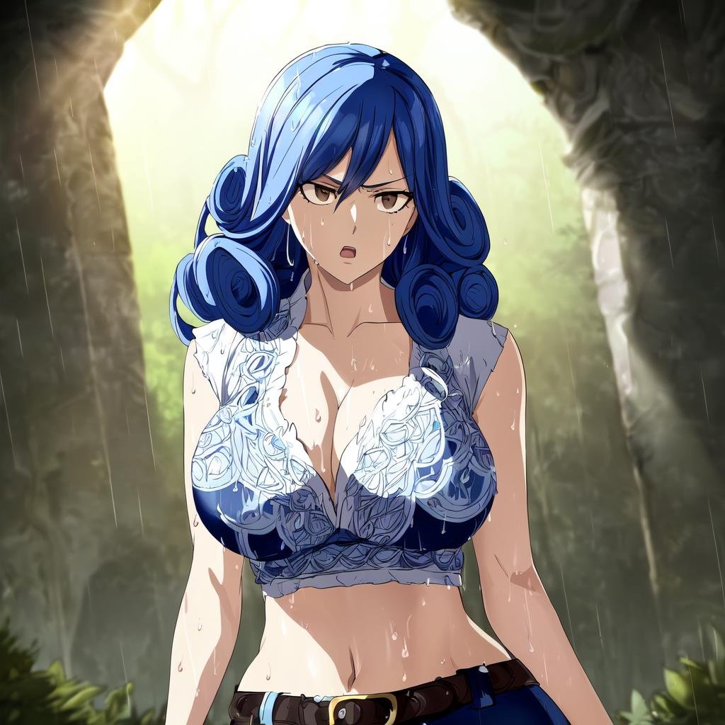 <lora:OGT_Juvia_Lockser-v1:0.7> Juvia Lockser, 1girl, solo, blue hair, breasts, torn clothes, midriff, large breasts, belt, skirt, rain, cleavage, curly hair, navel, wet ((masterpiece, best quality)), (((extremely detailed, intricate details, lush detail, insanely detailed face, beautiful light brown eyes, shiny skin, sharp eyes))), ((outdoors, dramatic shadows, vibrant colors, backlighting, depth of field, highleg, contrapposto)), big eyes, upper body, frustrated, serious, shaded face 