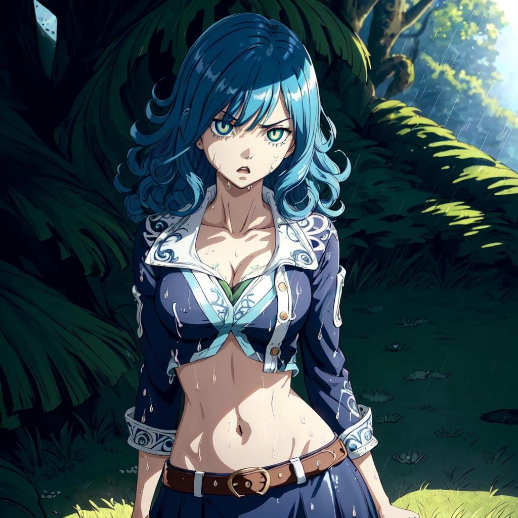 <lora:OGT_Juvia_Lockser-v1:0.7> Juvia Lockser, 1girl, solo, blue hair, hair over one eye, breasts, torn clothes, midriff, large breasts, belt, skirt, rain, cleavage, curly hair, navel, wet ((masterpiece, best quality)), (((extremely detailed, intricate details, lush detail, insanely detailed face, shiny skin, sharp eyes))), ((outdoors, dramatic shadows, vibrant colors, backlighting, depth of field, highleg, contrapposto)), ((big eyes with small pupils, yandere, upper body, serious, shaded face))