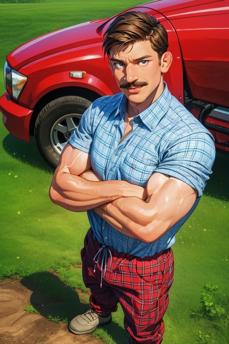 (masterpiece,  best quality:1.2),  man, mustache,  smirk,  crossed arms,  (depth of field:1.1),  ,  photo of person,  plaid shirt,  denin pants,  standing,  at the farm,  view from above,  , masterpiece,  highness,  perfect face,  perfect picture,  detailed eyes,  sharp focus,  muscular, High detailed view,<lora:EMS-92772-EMS:1.000000>