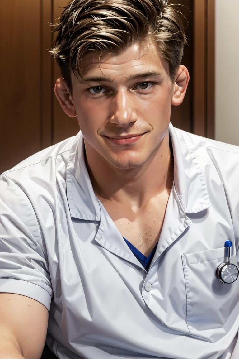 (masterpiece,  best quality:1.2),  man,  ,  solo,  1boy,  smirk,  (depth of field:1.1),  ,  photo of man,  doctor,  at the hospital,  labcot,  dress shirt,  white shorts,  masterpiece,  perfect face,  perfect picture,  detailed eyes,  sharp focus,<lora:EMS-92772-EMS:0.950000>