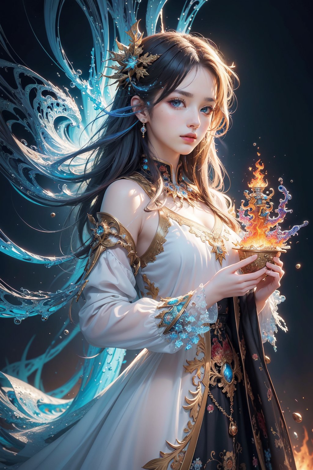 (masterpiece, top quality, best quality, official art, beautiful and aesthetic:1.2), (1girl), extreme detailed,(abstract, fractal art:1.3),colorful hair,highest detailed, detailed_eyes, fire, water, ice, lightning, light_particles, ghost,