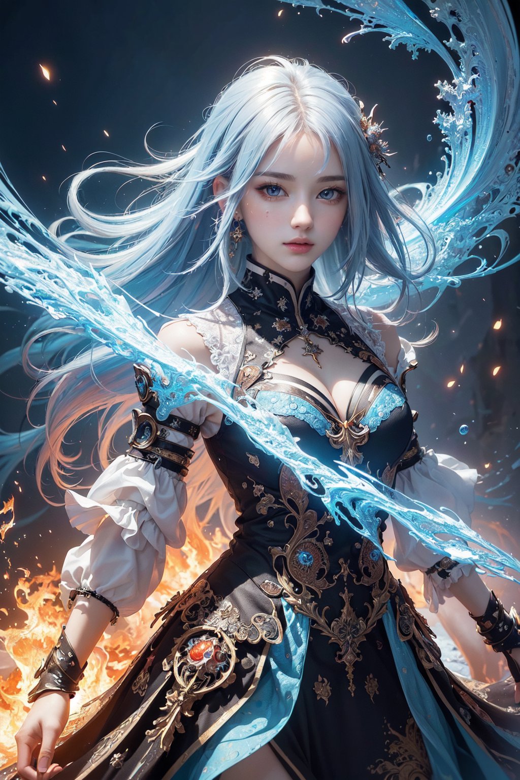 (masterpiece, top quality, best quality, official art, beautiful and aesthetic:1.2), (1girl), extreme detailed,(abstract, fractal art:1.3),colorful hair,highest detailed, detailed_eyes, fire, water, ice, lightning, light_particles, ghost,