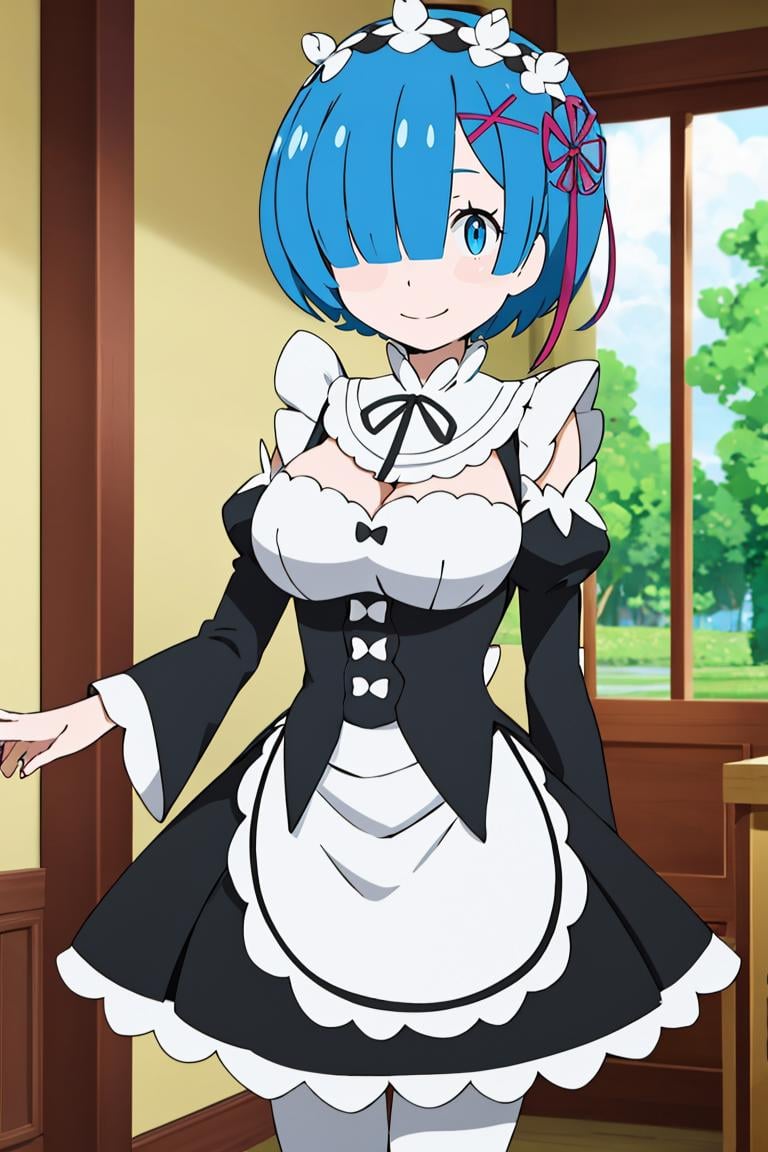 <lora:Alola_Style:0.65>, masterpiece, best quality, highres, aarem, short hair, maid headdress, x hair ornament, hair ribbon, hair over one eye, large breasts, frills, neck ribbon, cleavage, dress, detached sleeves, white apron, waist apron, white pantyhose, <lora:rem_v1:0.8>, cowboy shot, smile,